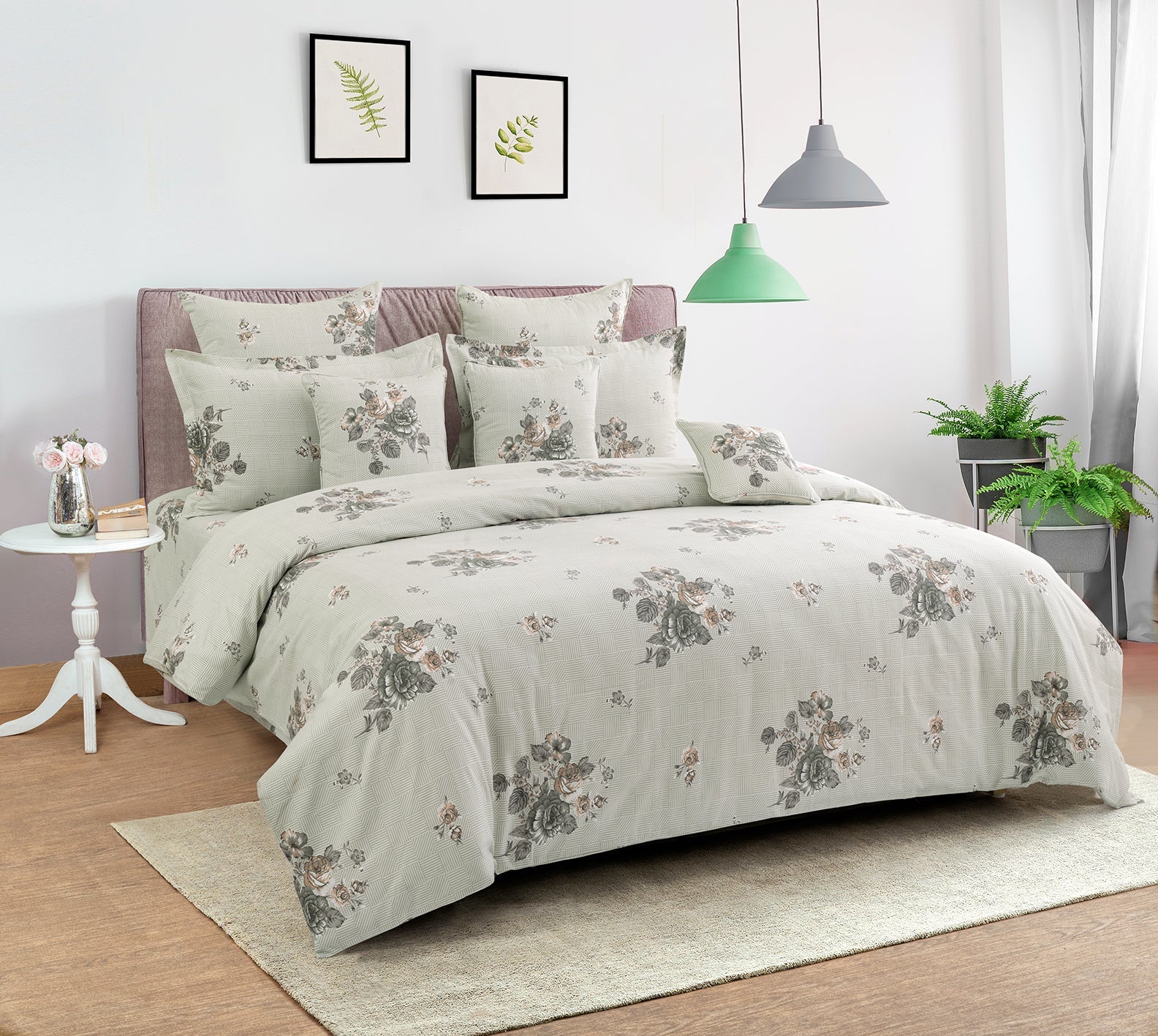 Soft Grey Floral Mercerized Pure Cotton Bed in a Bag – Premium Luxury Bedding Set