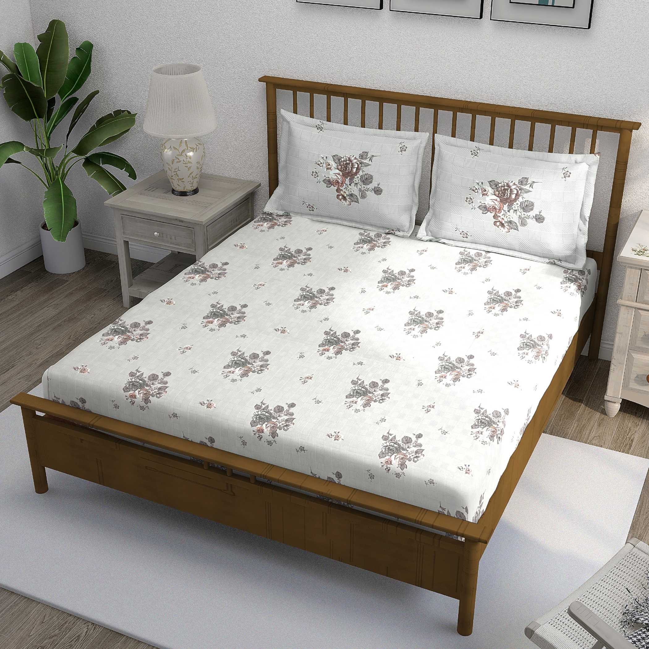 Soft Grey Floral Mercerized Pure Cotton Bed in a Bag – Premium Luxury Bedding Set