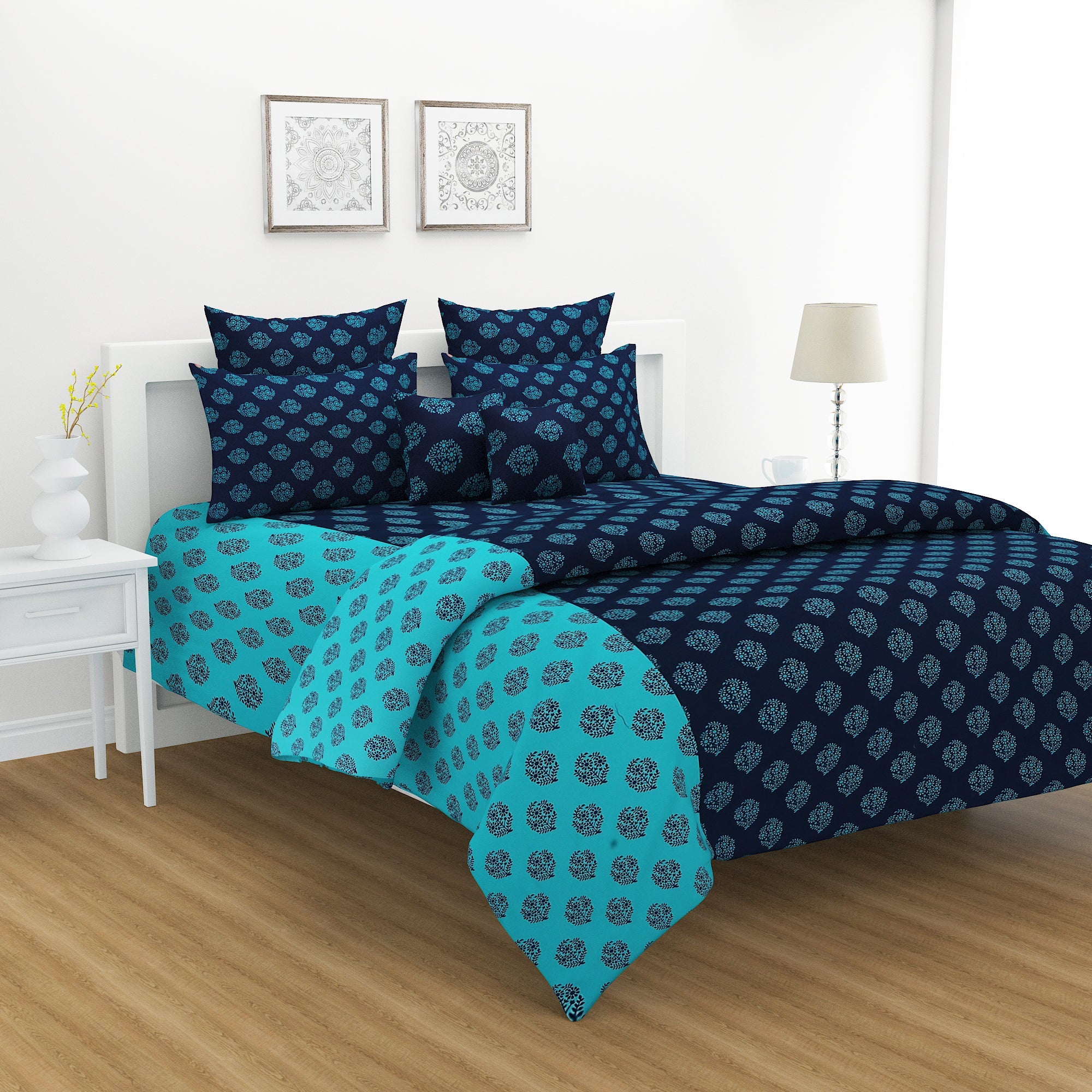 Elegant Floral Print Cotton Double Bedsheet with Comforter & 2 Pillow Covers - Navy Blue & Teal