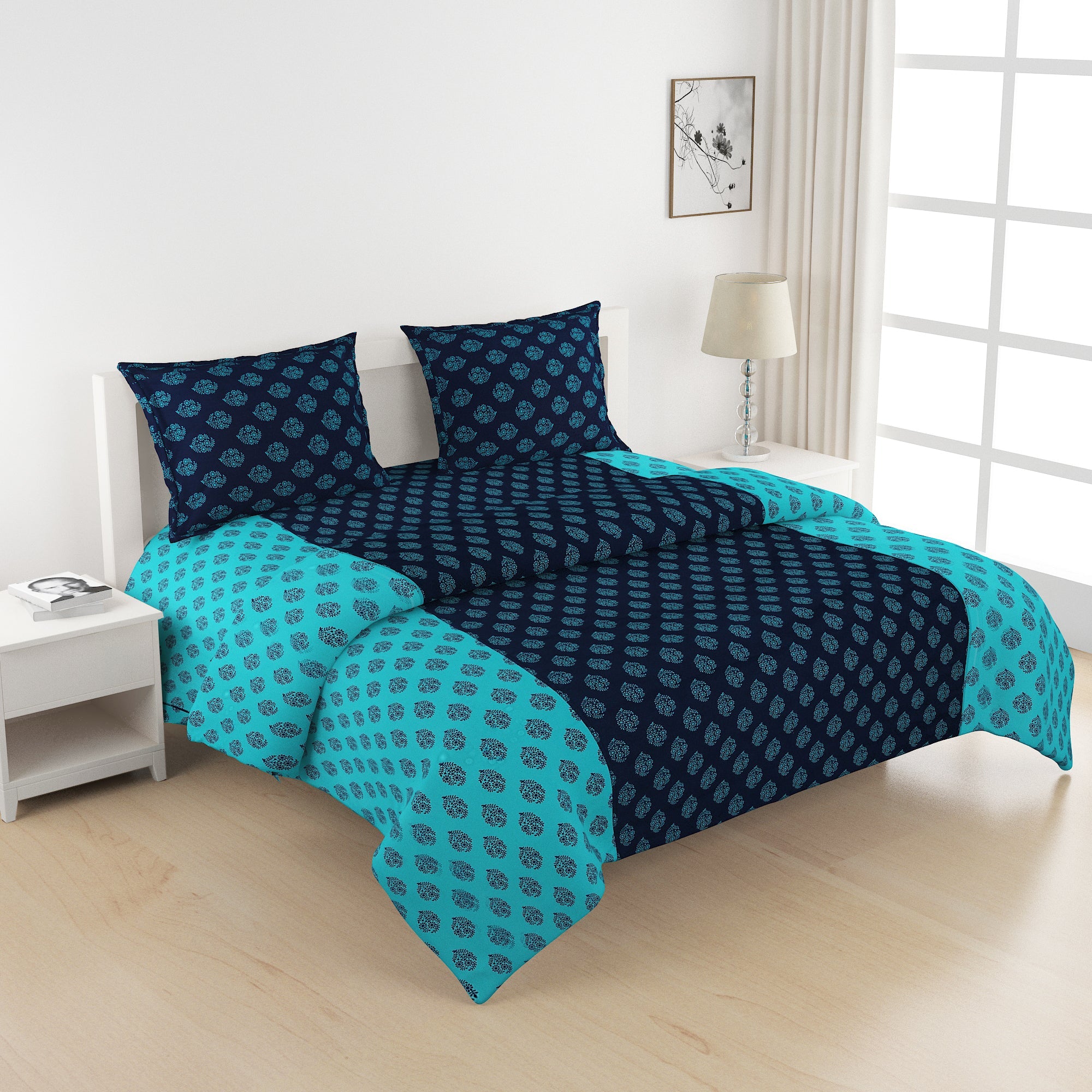 Elegant Floral Print Cotton Double Bedsheet with Comforter & 2 Pillow Covers - Navy Blue & Teal