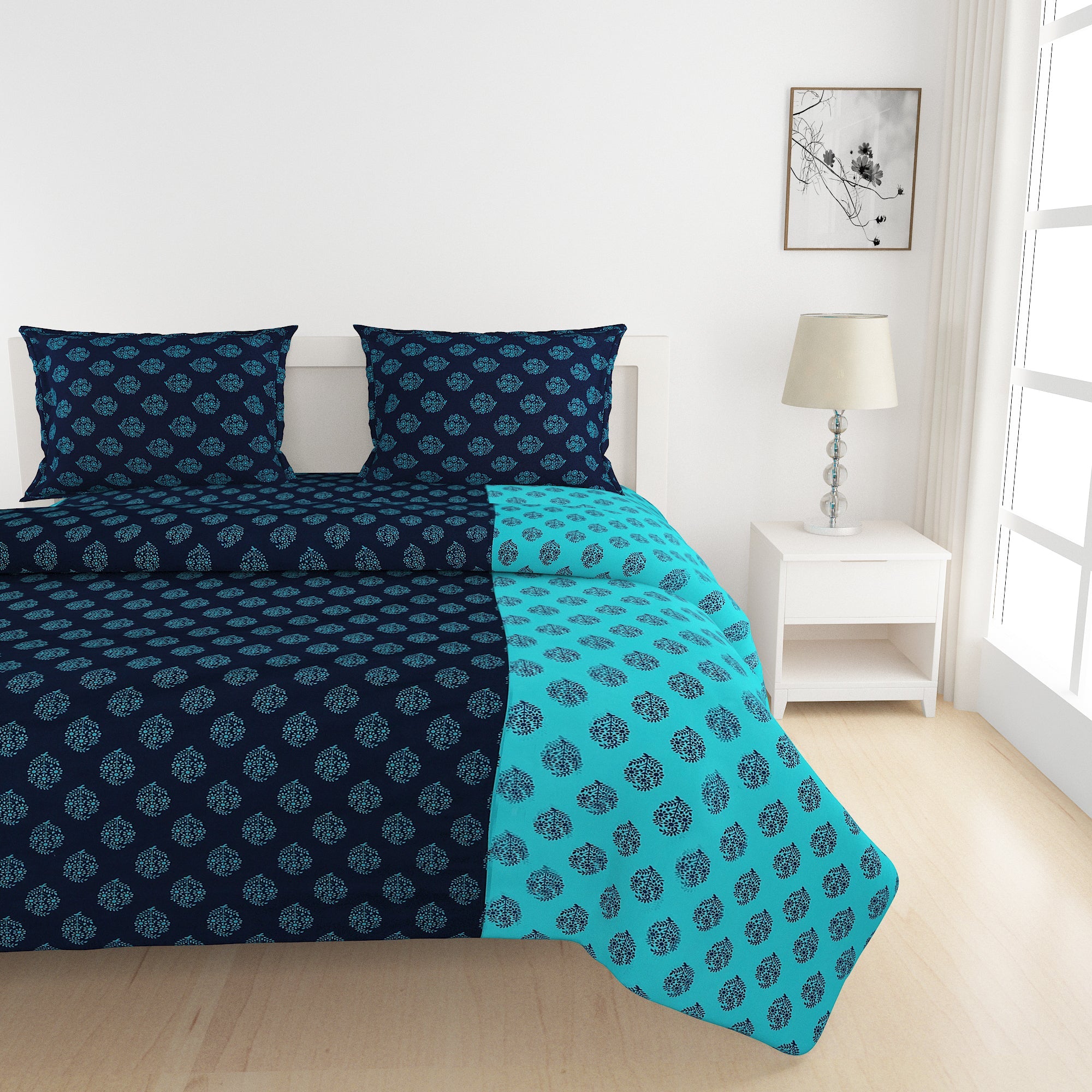 Elegant Floral Print Cotton Double Bedsheet with Comforter & 2 Pillow Covers - Navy Blue & Teal