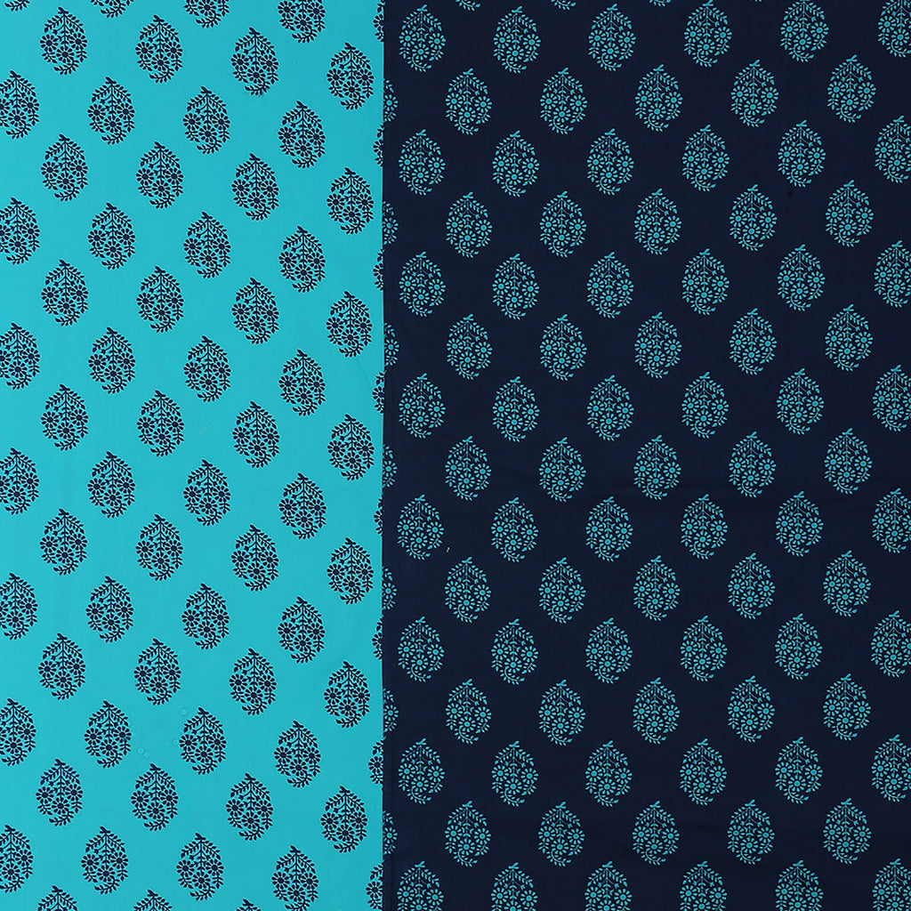 Elegant Floral Print Cotton Double Bedsheet with Comforter & 2 Pillow Covers - Navy Blue & Teal