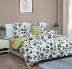 Premium Floral Print Cotton Double Bedsheet with Comforter & 2 Pillow Covers - Ivory & Olive Green