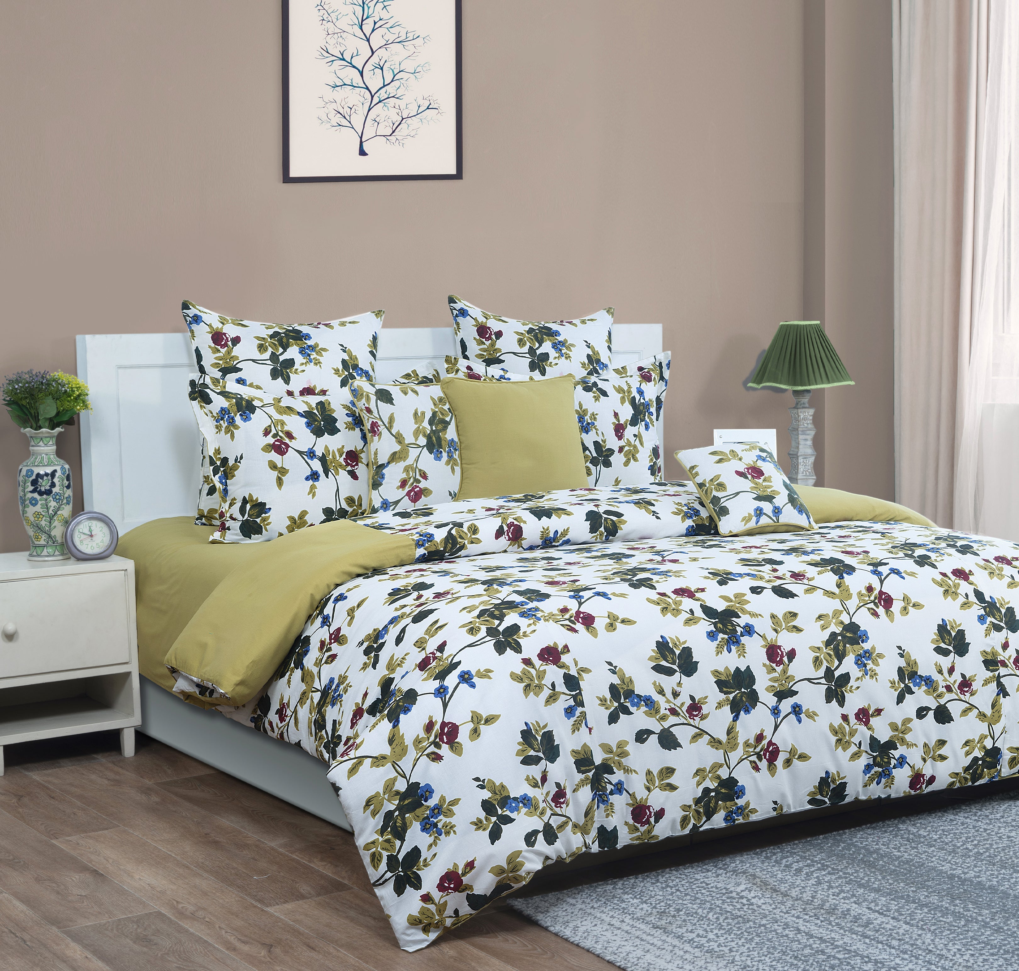 Premium Floral Print Cotton Double Bedsheet with Comforter & 2 Pillow Covers - Ivory & Olive Green