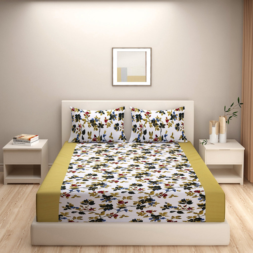 Premium Floral Print Cotton Double Bedsheet with Comforter & 2 Pillow Covers - Ivory & Olive Green