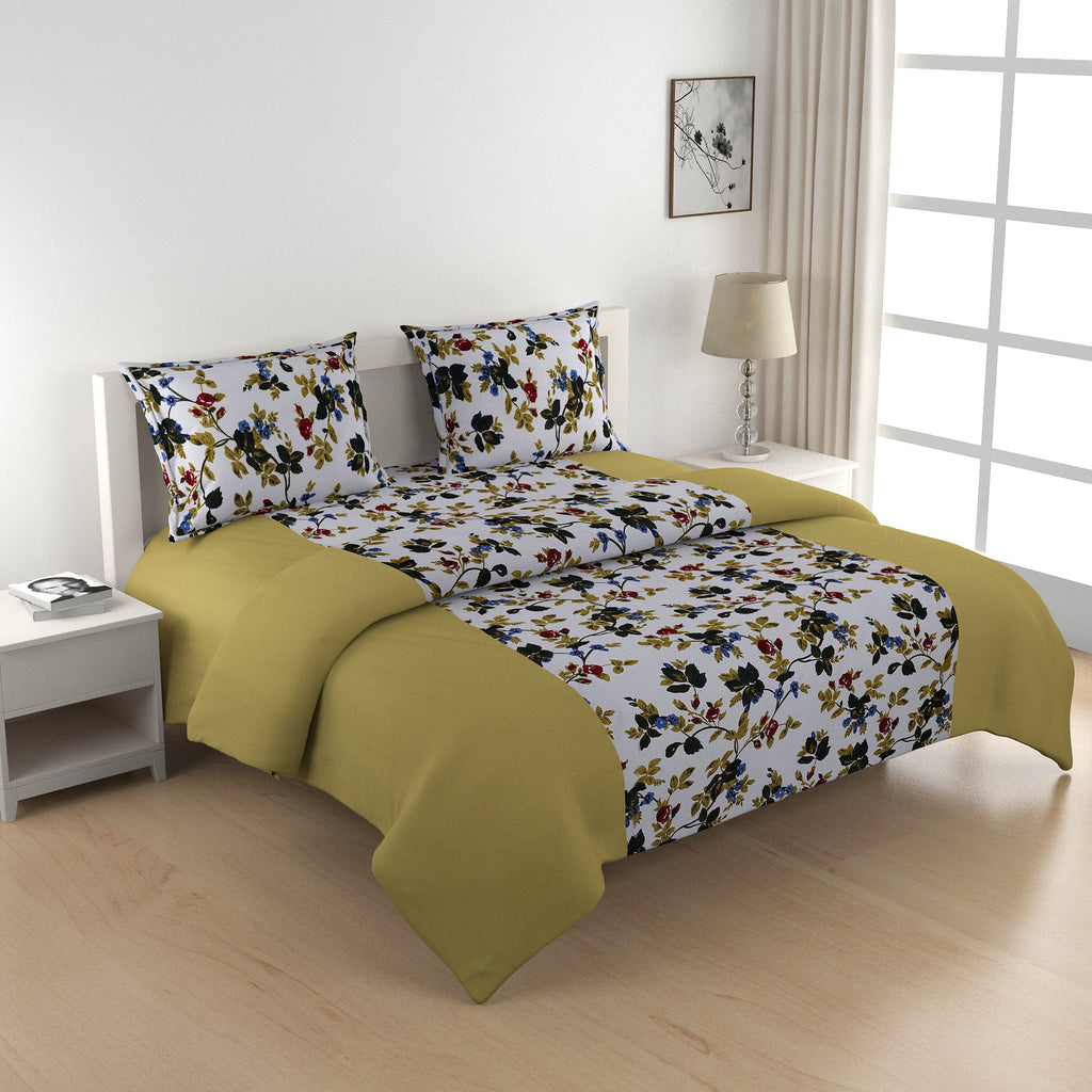 Premium Floral Print Cotton Double Bedsheet with Comforter & 2 Pillow Covers - Ivory & Olive Green