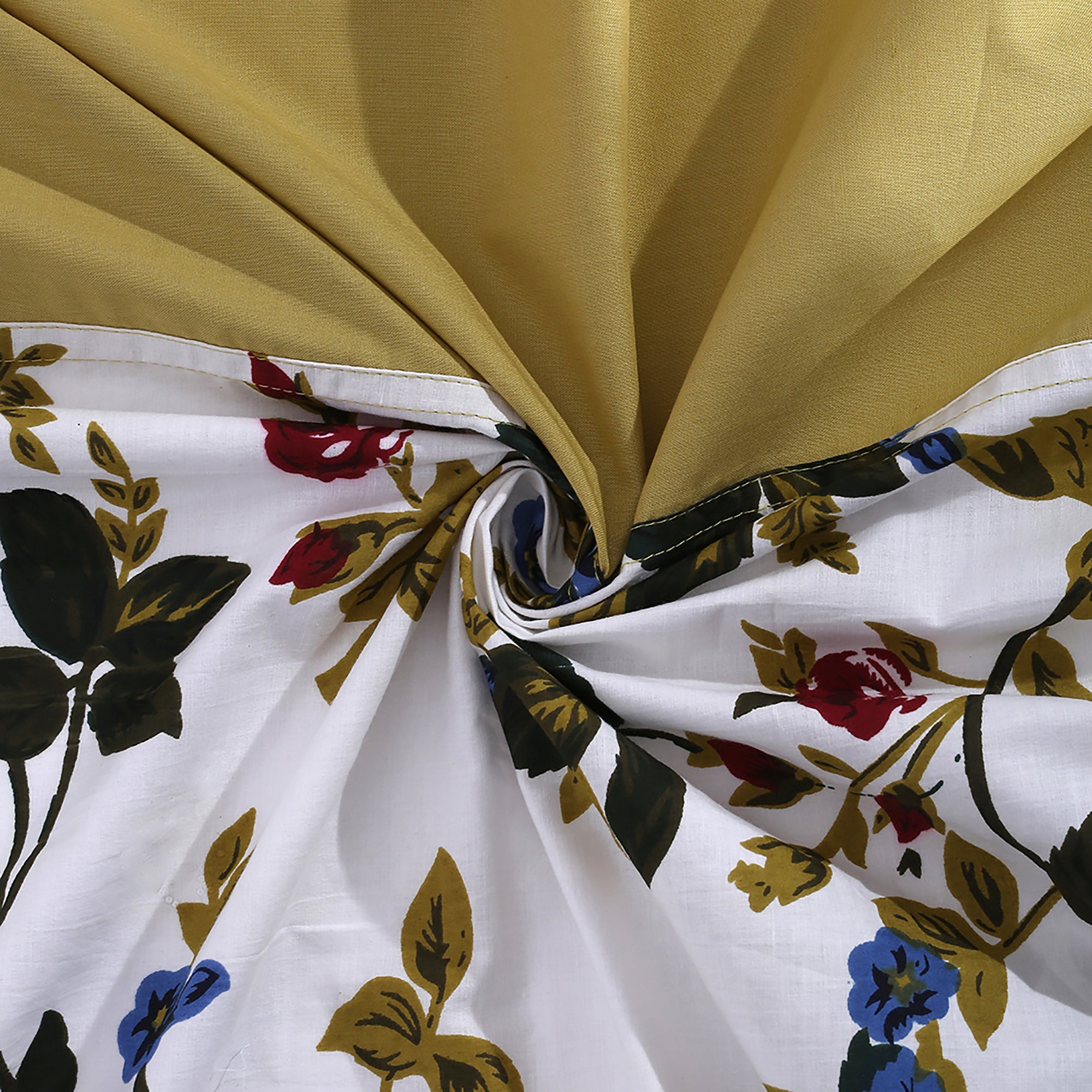 Premium Floral Print Cotton Double Bedsheet with Comforter & 2 Pillow Covers - Ivory & Olive Green