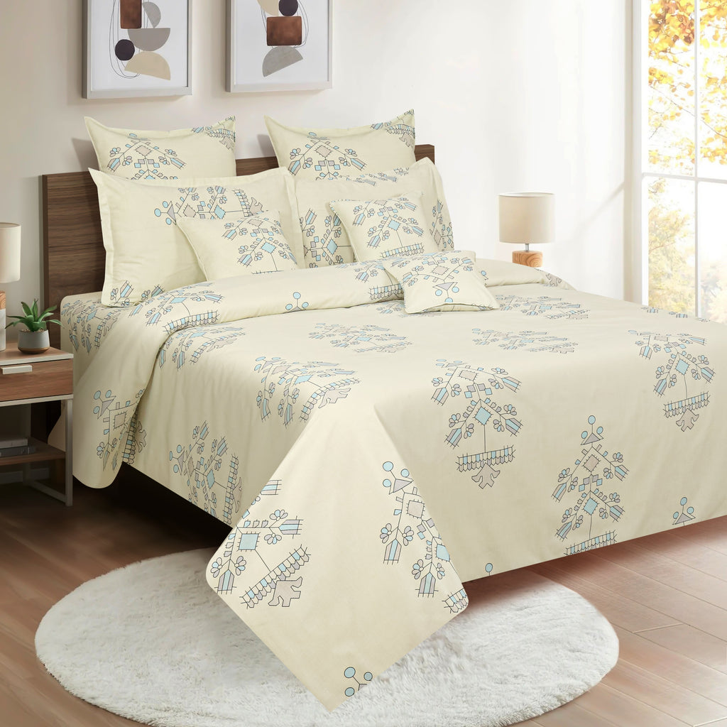 Elegant Ethnic Print Cotton Double Bedsheet with Comforter & 2 Pillow Covers - Ivory & Sky Blue