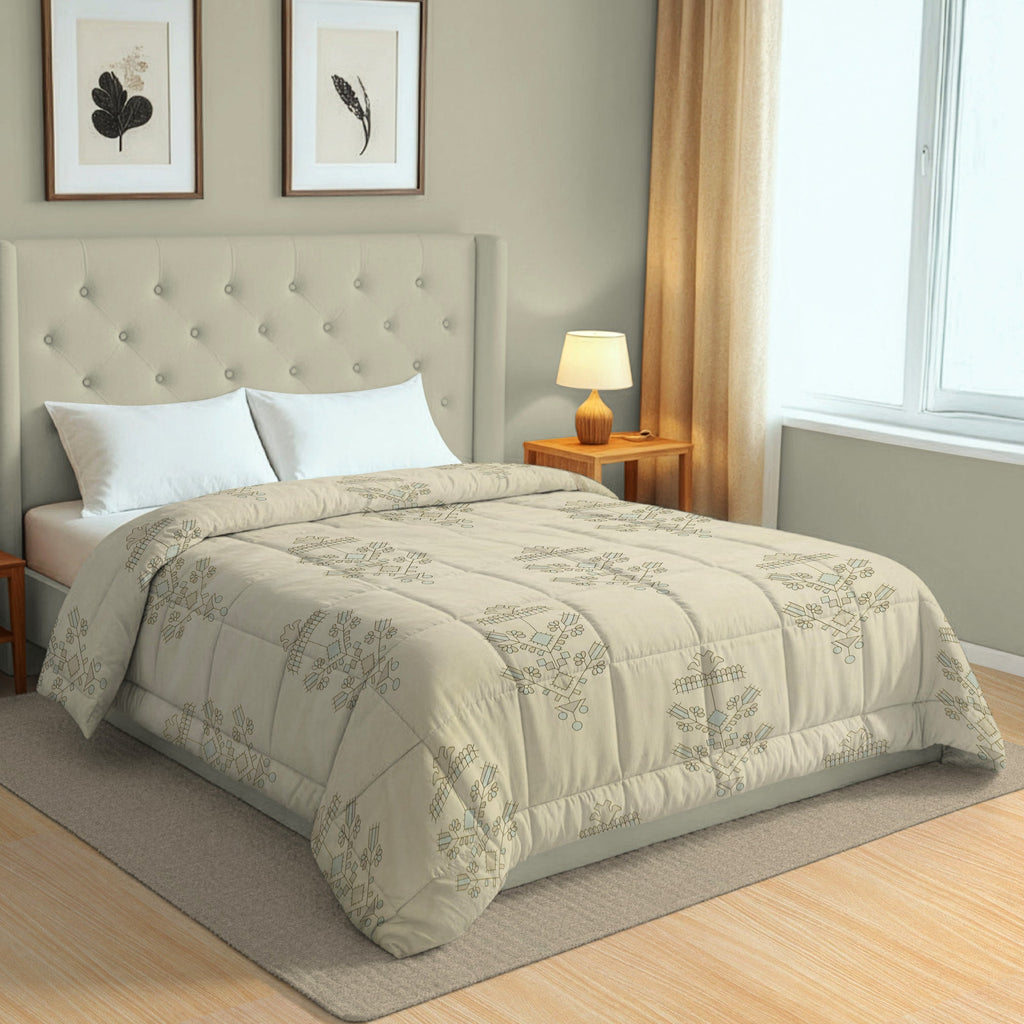 Elegant Ethnic Print Cotton Double Bedsheet with Comforter & 2 Pillow Covers - Ivory & Sky Blue