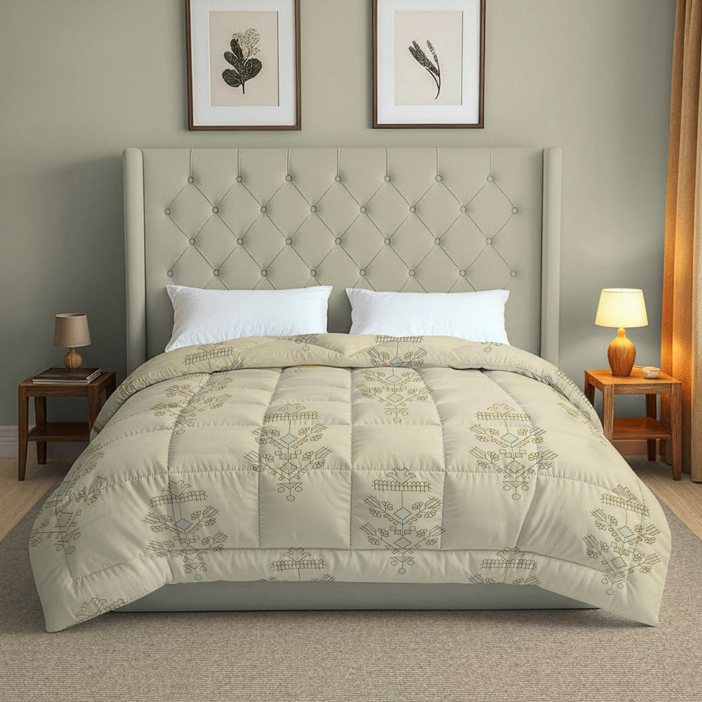 Elegant Ethnic Print Cotton Double Bedsheet with Comforter & 2 Pillow Covers - Ivory & Sky Blue
