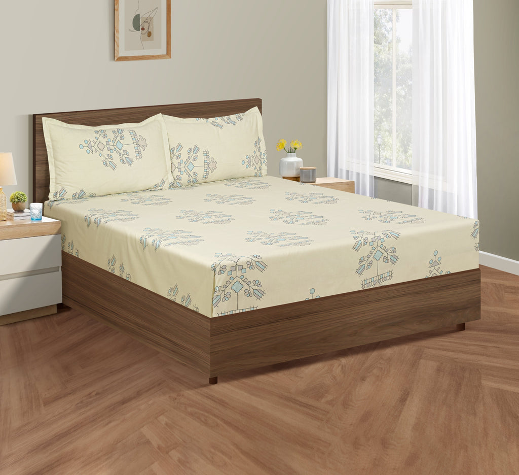 Elegant Ethnic Print Cotton Double Bedsheet with Comforter & 2 Pillow Covers - Ivory & Sky Blue