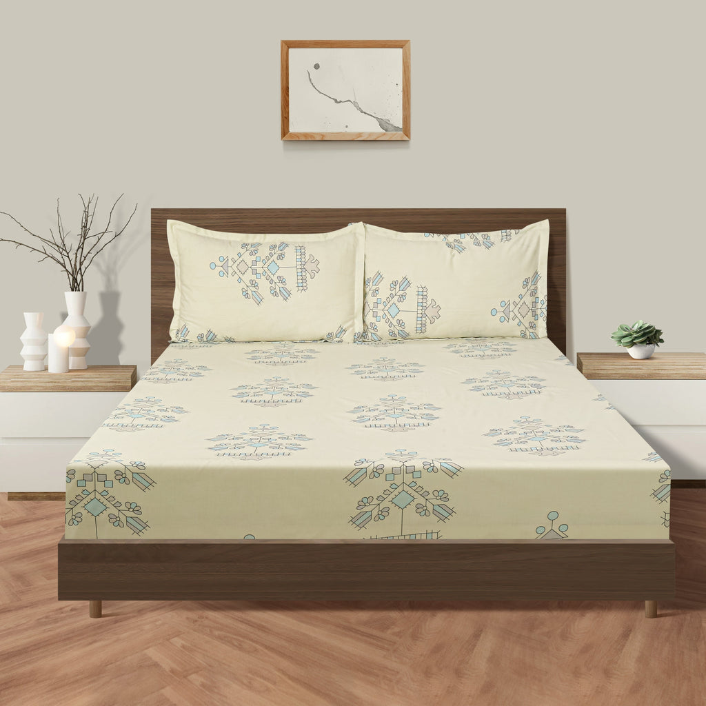Elegant Ethnic Print Cotton Double Bedsheet with Comforter & 2 Pillow Covers - Ivory & Sky Blue