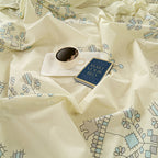 Elegant Ethnic Print Cotton Double Bedsheet with Comforter & 2 Pillow Covers - Ivory & Sky Blue