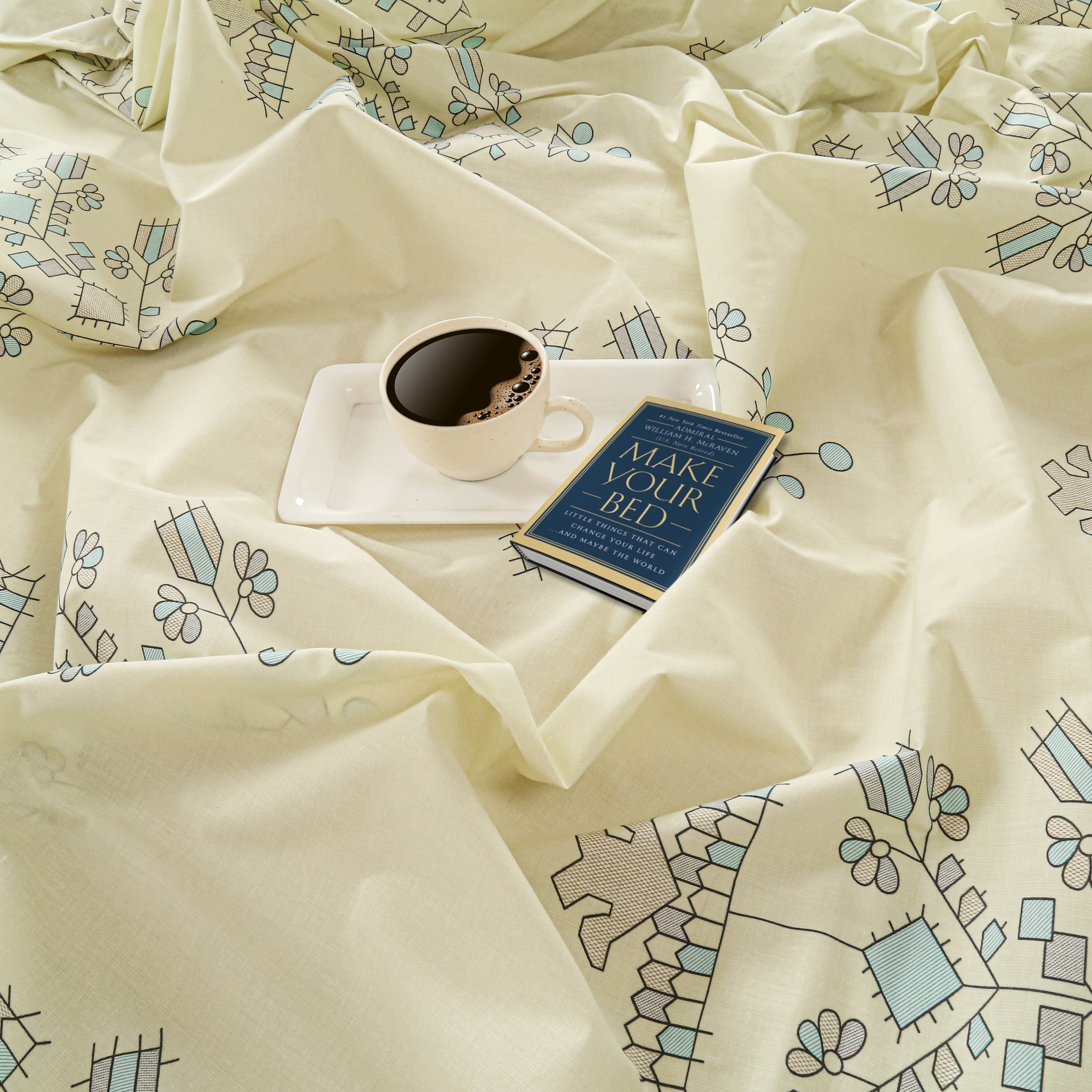 Elegant Ethnic Print Cotton Double Bedsheet with Comforter & 2 Pillow Covers - Ivory & Sky Blue