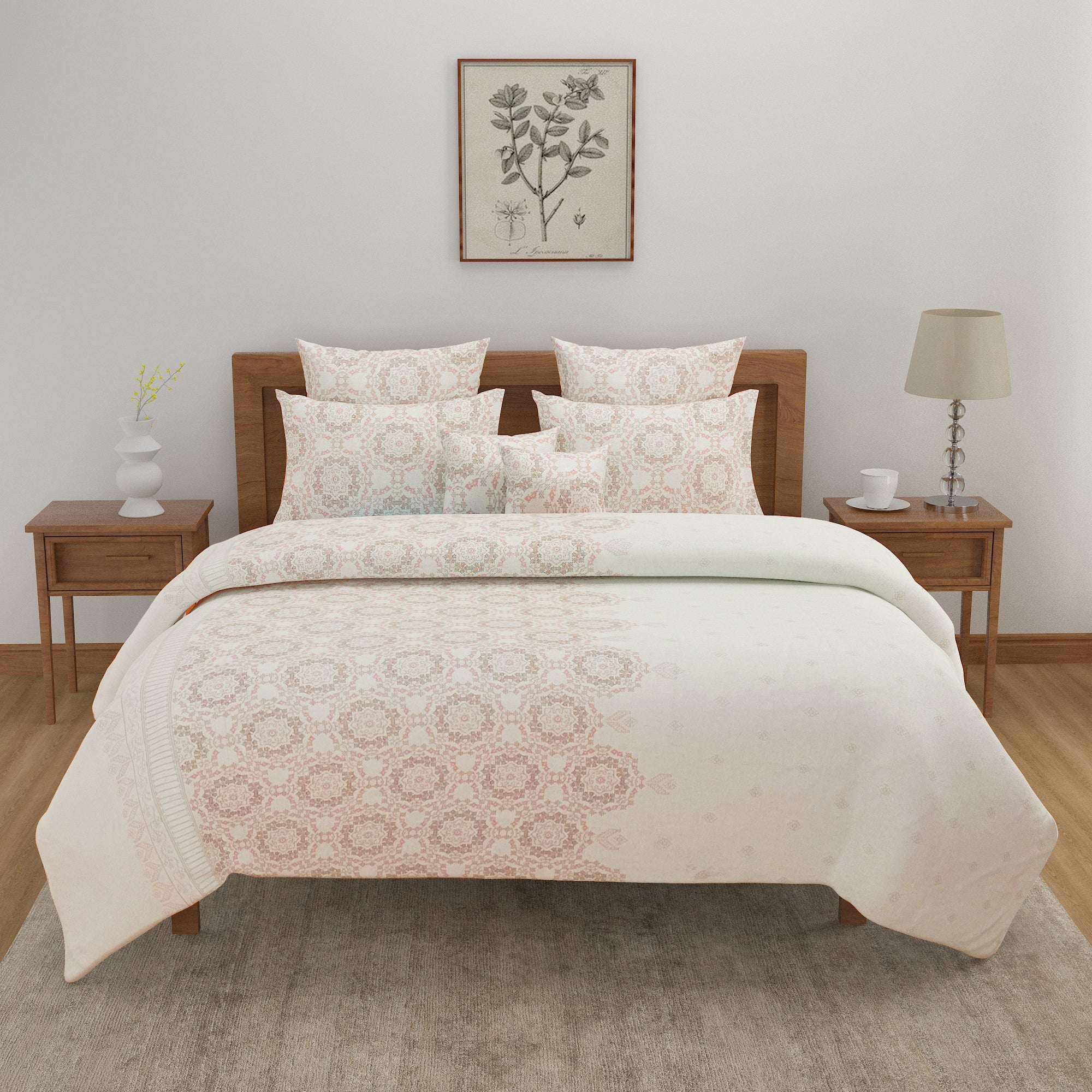 Double Bed in a Bag Beige Pure Cotton, Ethnic Print Bedding Set