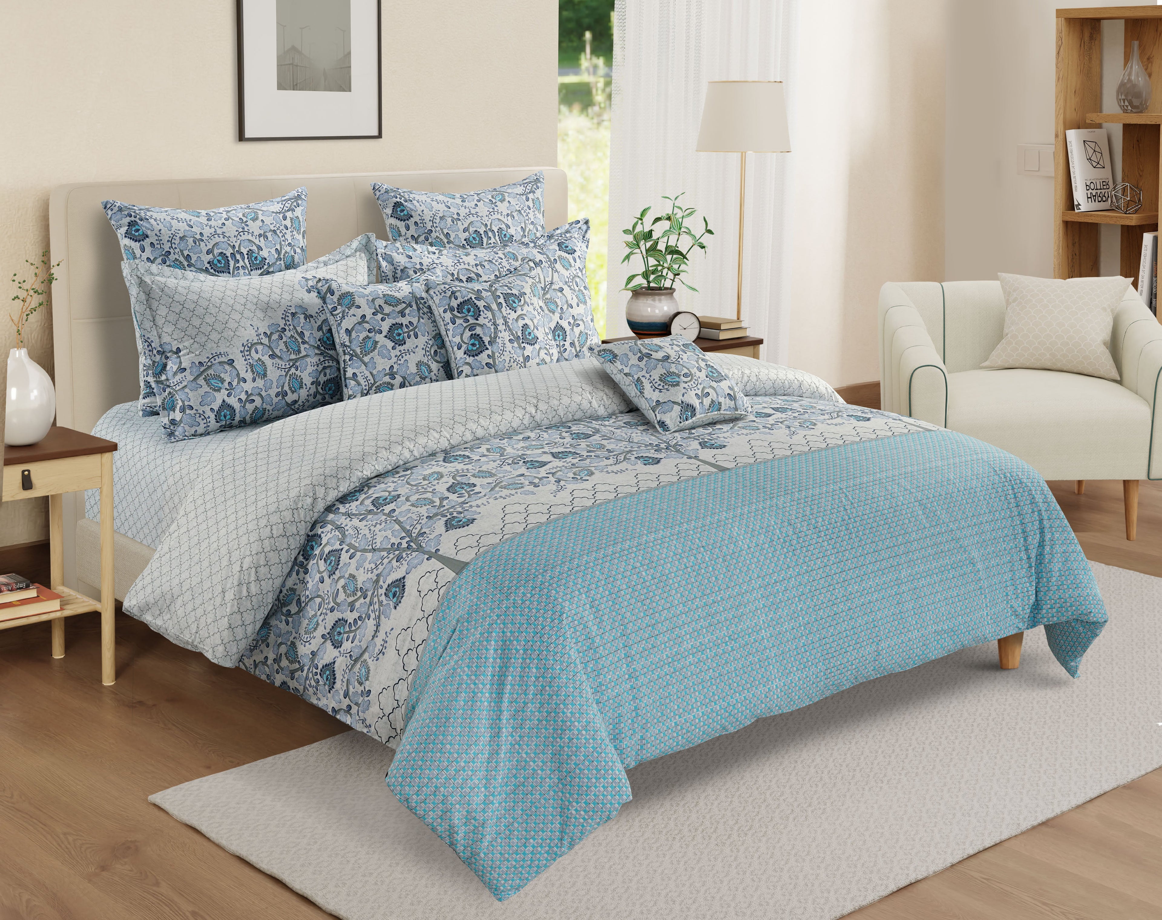 Double Bed in a Bag Pure Cotton Blue Floral Print Bedding Set