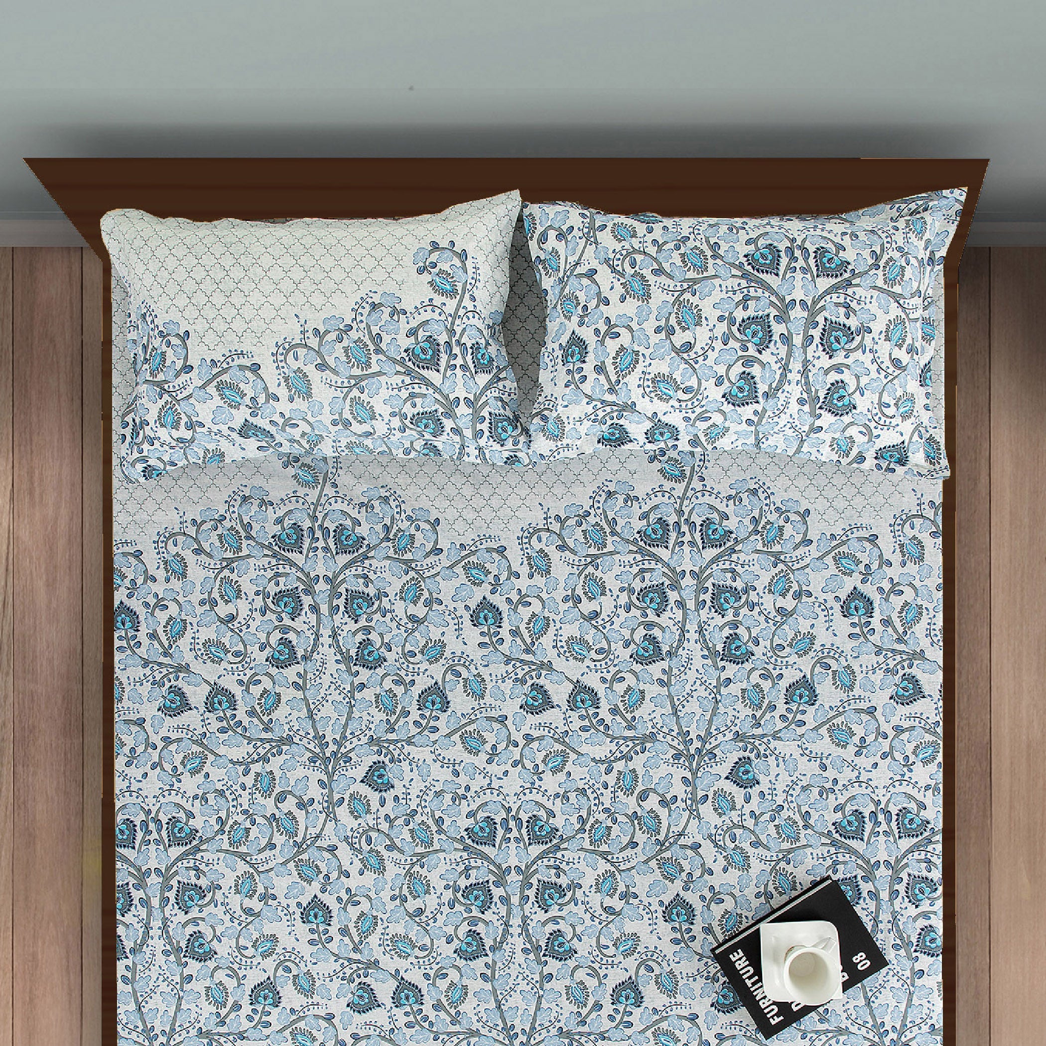 Double Bed in a Bag Pure Cotton Blue Floral Print Bedding Set