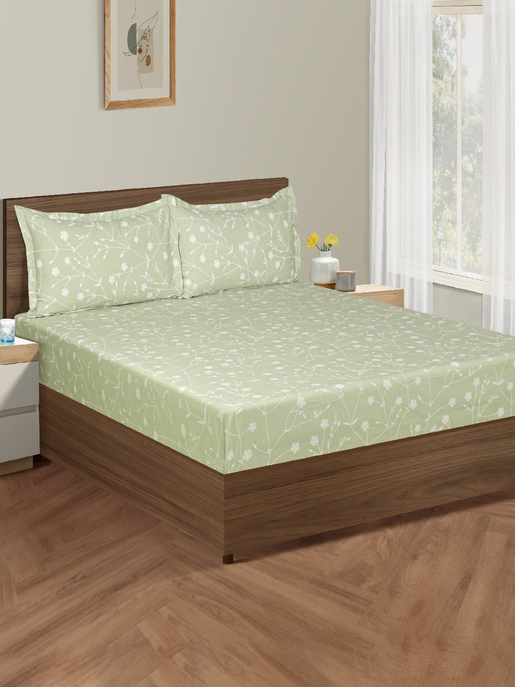 Floral Vine Sage Green 210 TC Pure Cotton Double Bedsheet with 2 Pillow Covers (90 x 108 Inches)