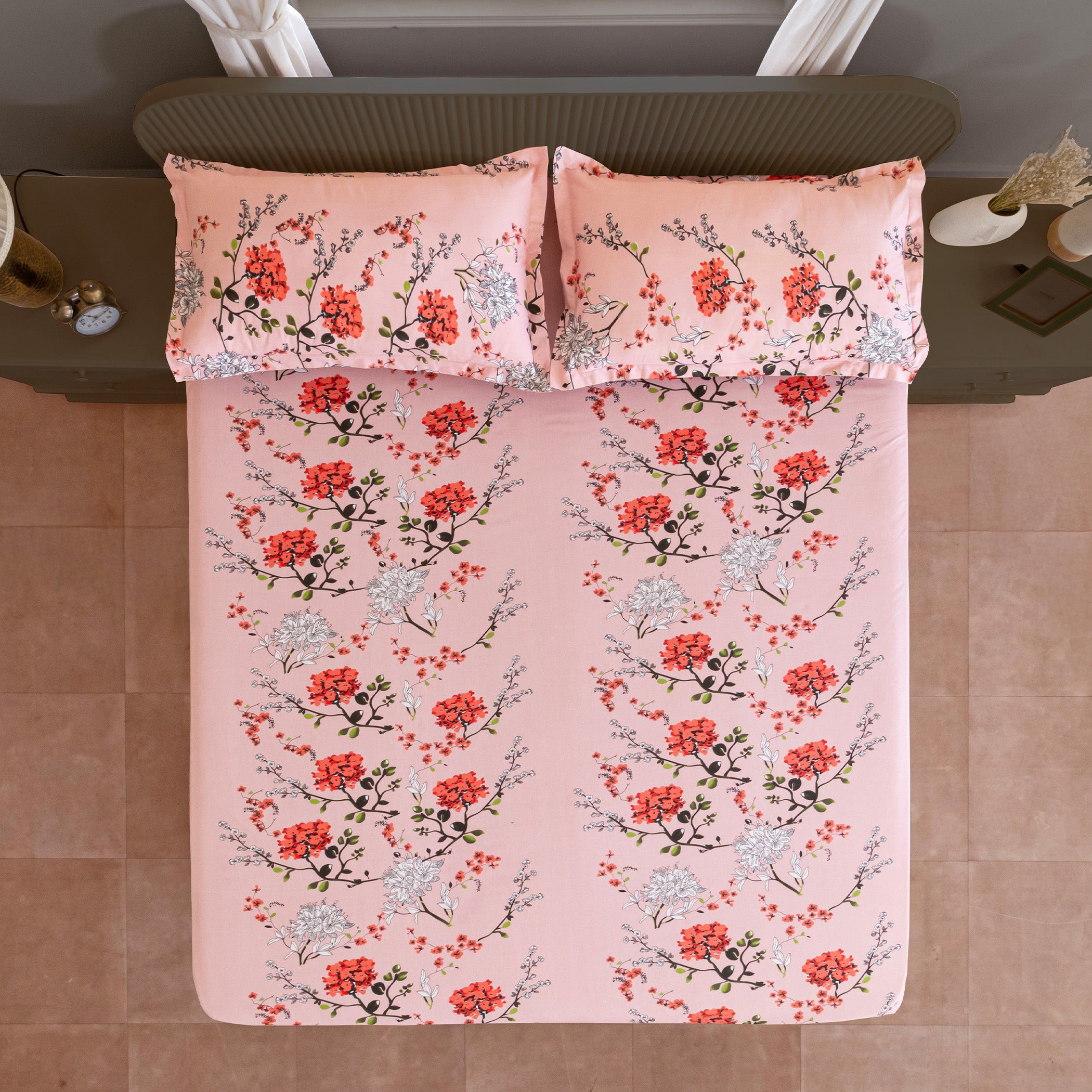 Pink Floral Print Pure Cotton 120 TC Double King Bedsheet with 2 Pillow Covers (90x108 Inches)