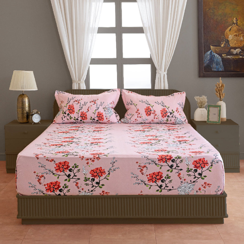 Pink Floral Print Pure Cotton 120 TC Double King Bedsheet with 2 Pillow Covers (90x108 Inches)