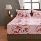 Pink Floral Print Pure Cotton 120 TC Double King Bedsheet with 2 Pillow Covers (90x108 Inches)