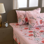 Pink Floral Print Pure Cotton 120 TC Super King Bedsheet with 2 Pillow Covers (108x108 Inches)