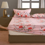Pink Floral Print Pure Cotton 120 TC Super King Bedsheet with 2 Pillow Covers (108x108 Inches)