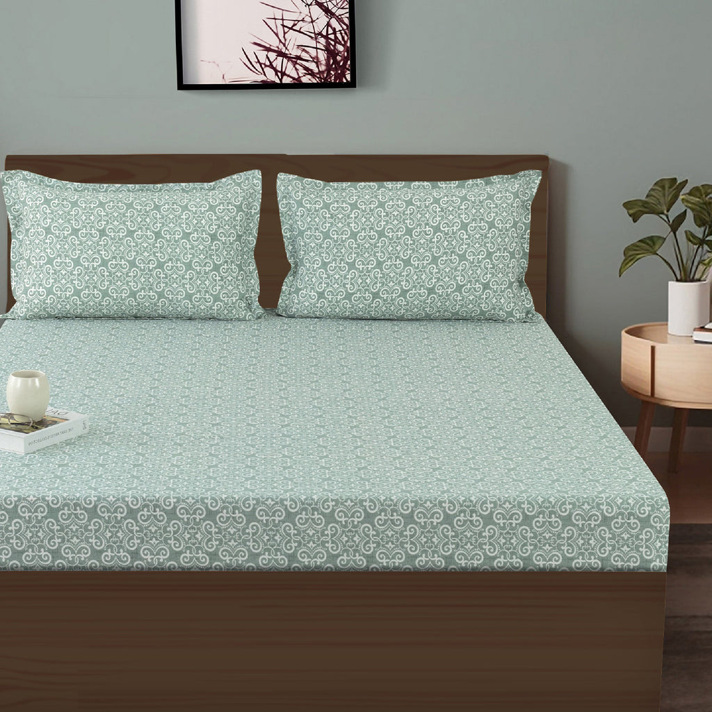 Elegant Mint Green Scroll Motif Pure Cotton 210 TC Double King Bedsheet with 2 Pillow Covers (90x108 Inches)