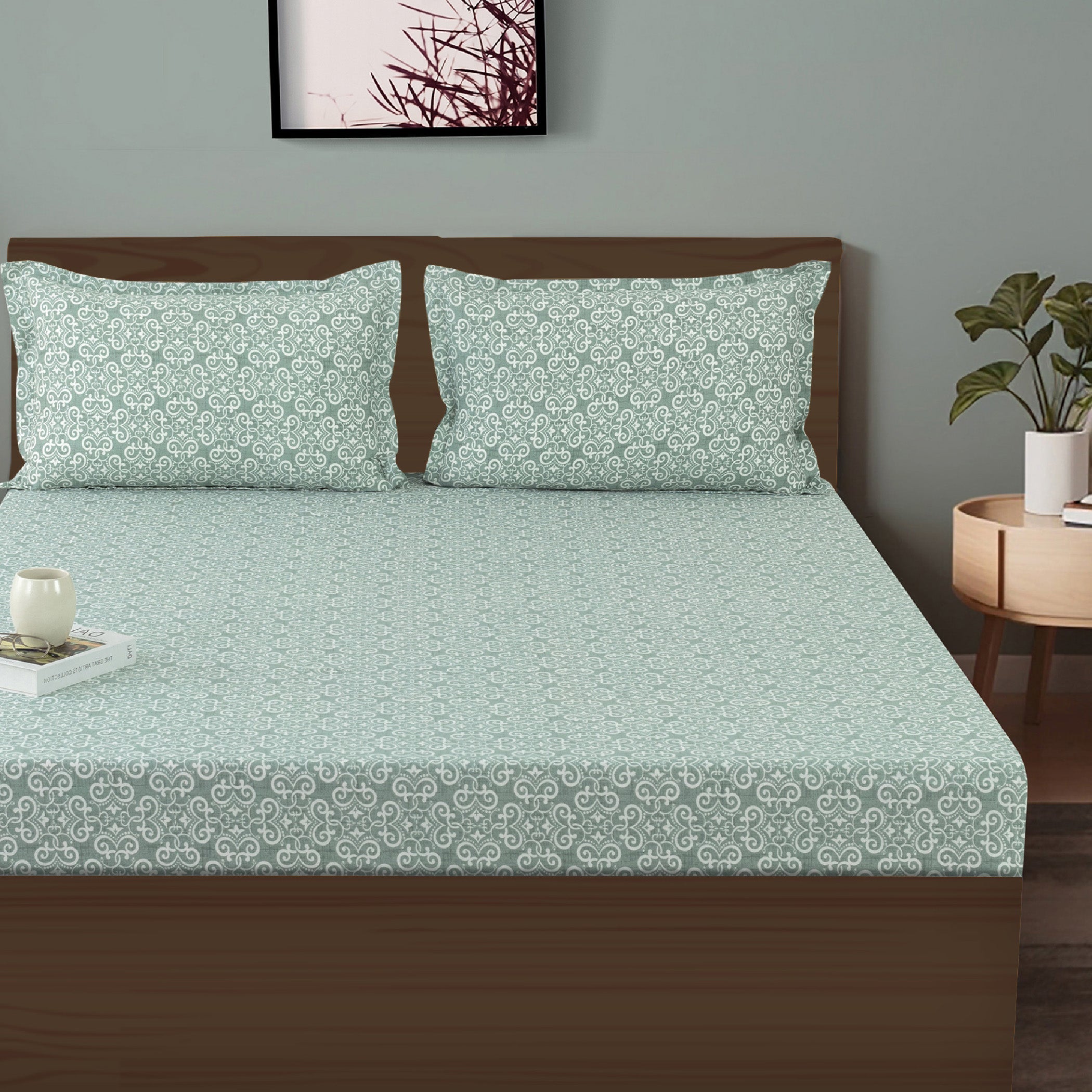 Elegant Mint Green Scroll Motif Pure Cotton 210 TC Double King Bedsheet with 2 Pillow Covers (90x108 Inches)