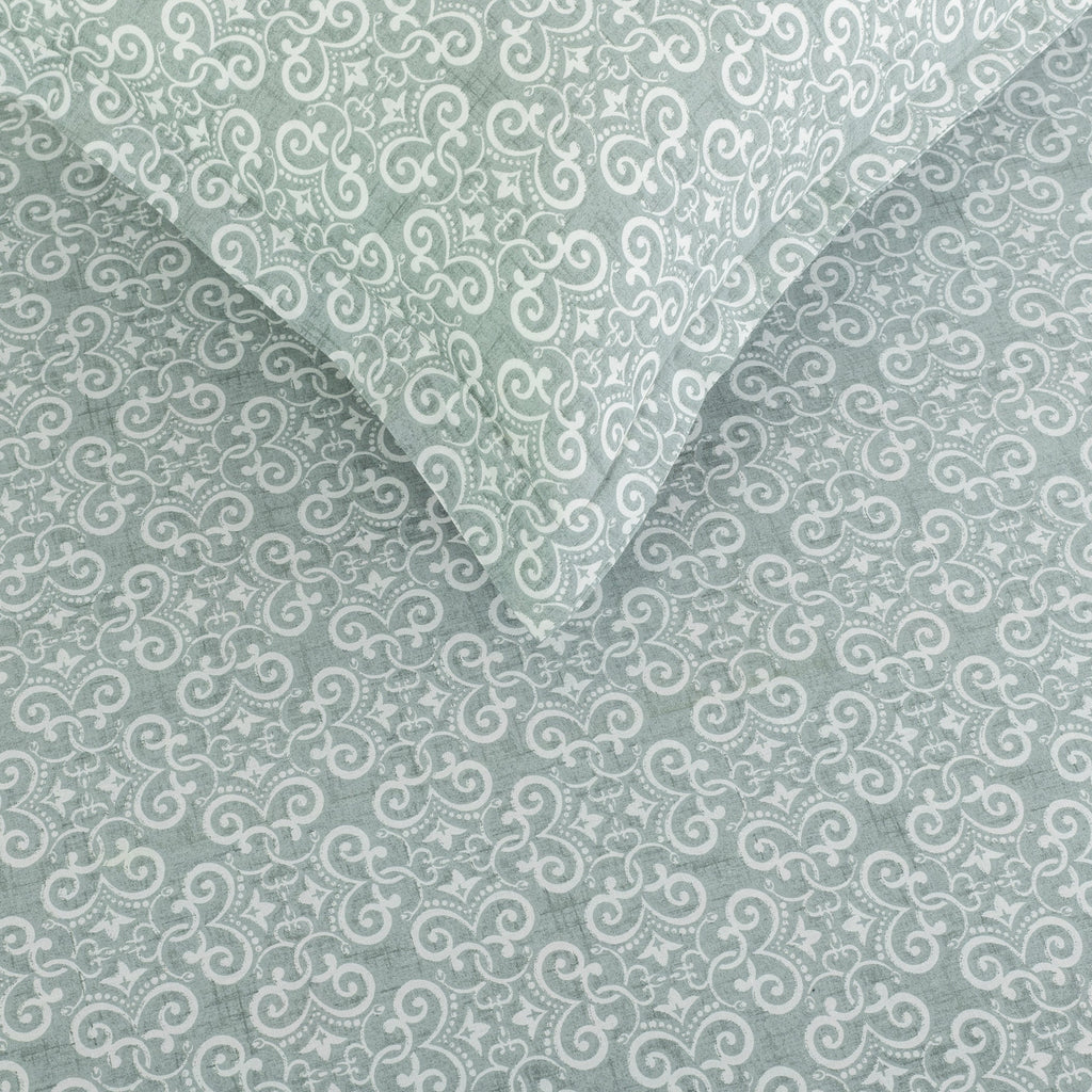 Elegant Mint Green Scroll Motif Pure Cotton 210 TC Double King Bedsheet with 2 Pillow Covers (90x108 Inches)