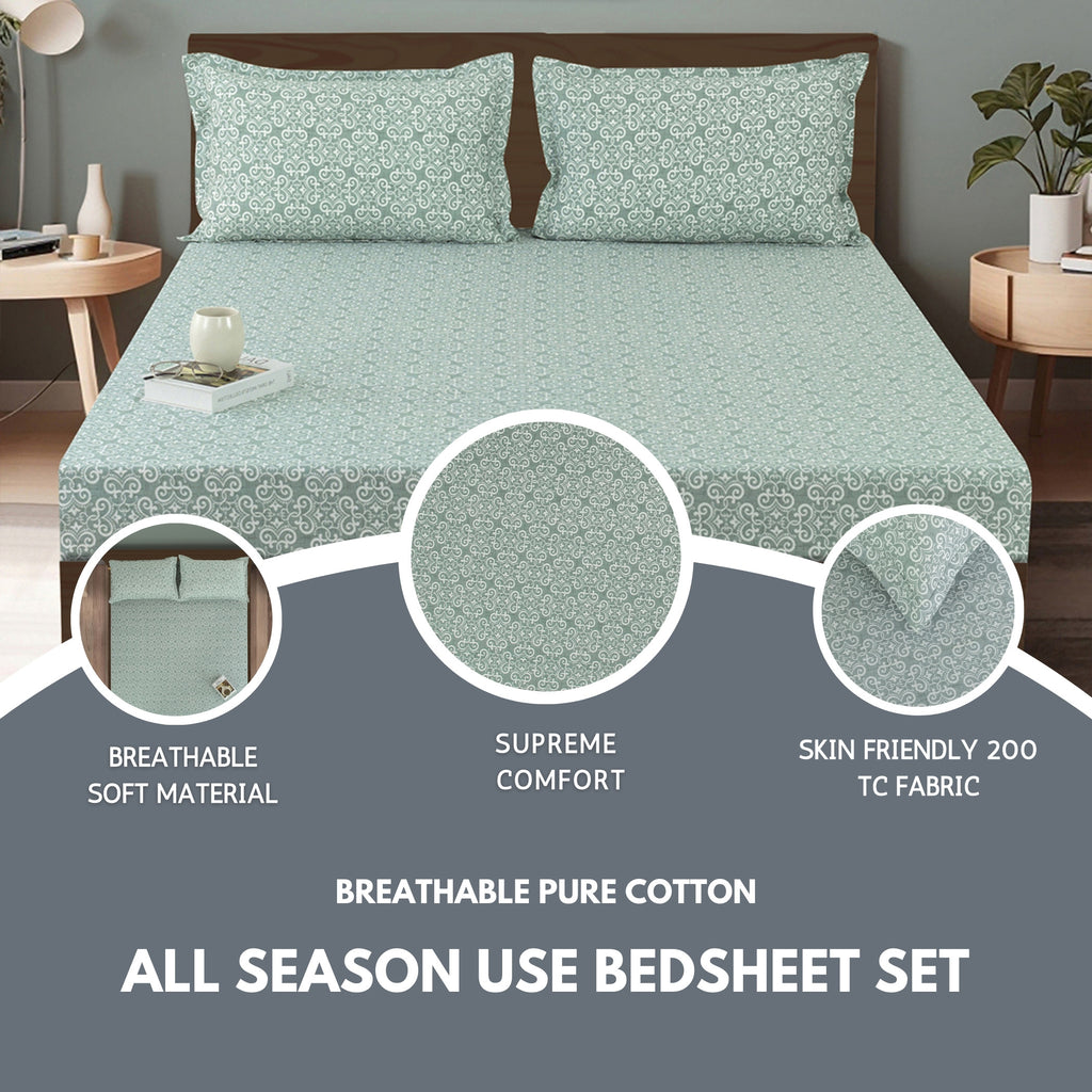 Elegant Mint Green Scroll Motif Pure Cotton 210 TC Double King Bedsheet with 2 Pillow Covers (90x108 Inches)