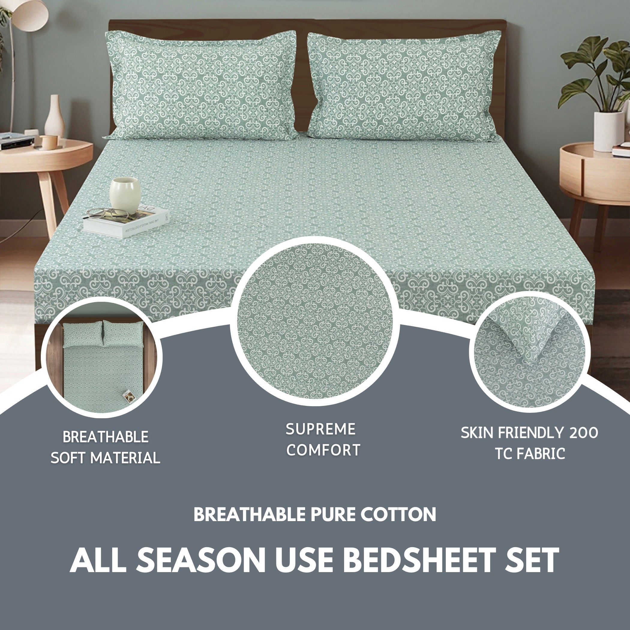 Elegant Mint Green Scroll Motif Pure Cotton 210 TC Double King Bedsheet with 2 Pillow Covers (90x108 Inches)