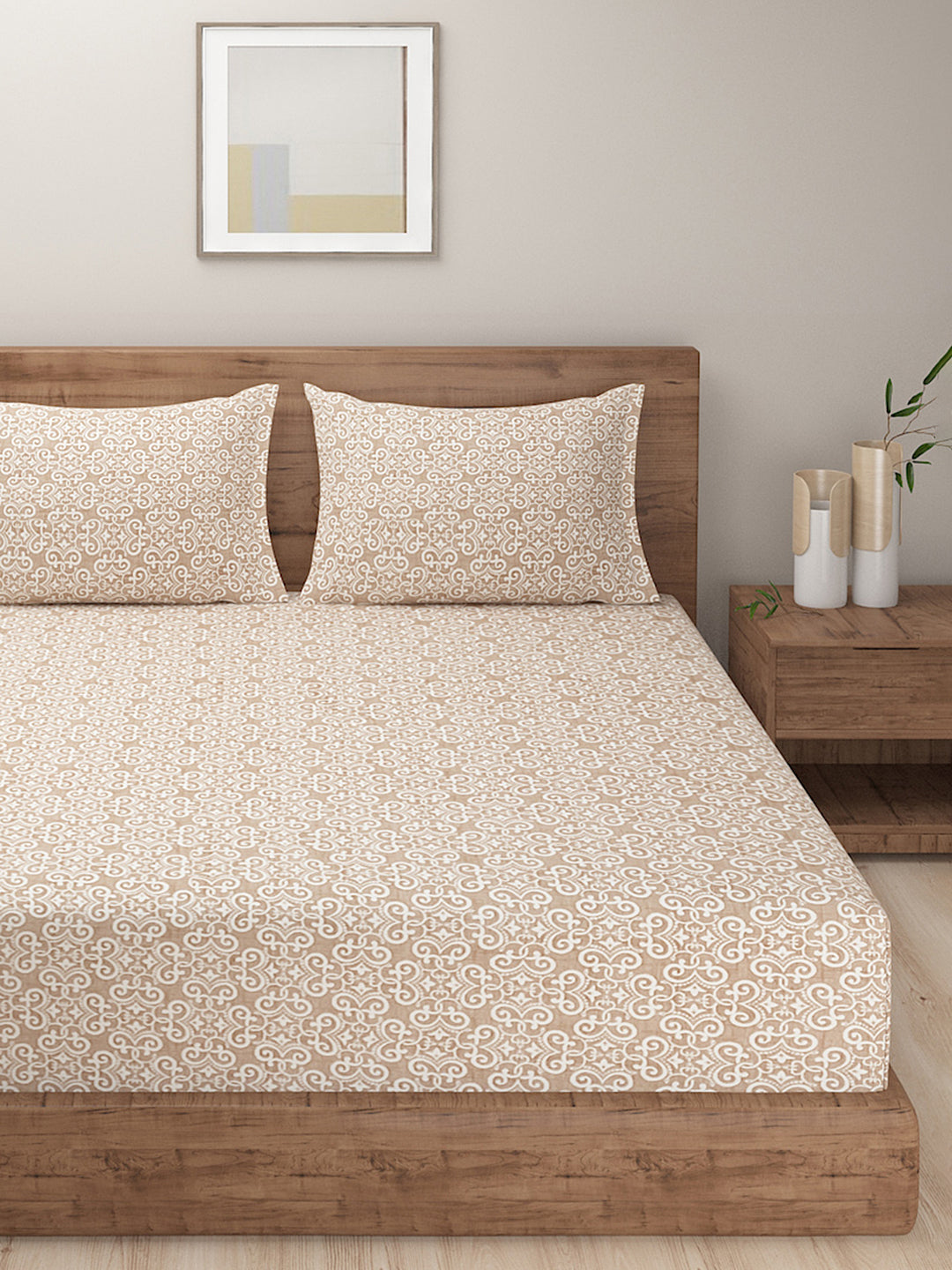 Ornamental Swirl Beige 210 TC Pure Cotton Double Bedsheet with 2 Pillow Covers (90 x 108 Inches)