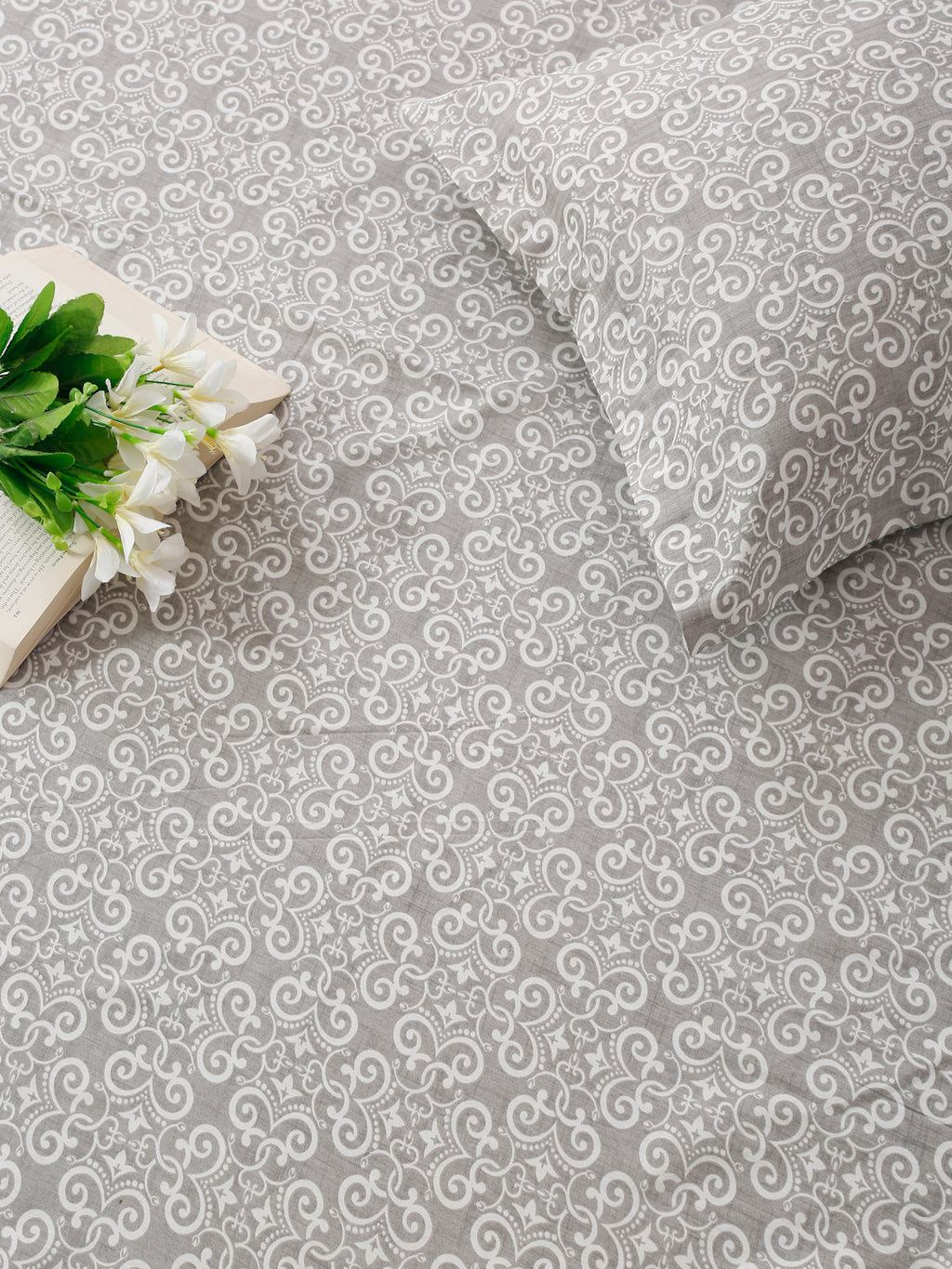 Ornamental Swirl Grey 210 TC Pure Cotton Double Bedsheet with 2 Pillow Covers (90 x 108 Inches)