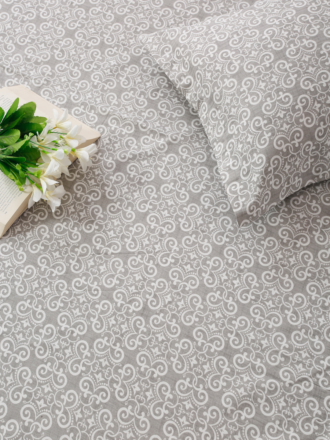 Ornamental Swirl Grey 210 TC Pure Cotton Double Bedsheet with 2 Pillow Covers (90 x 108 Inches)