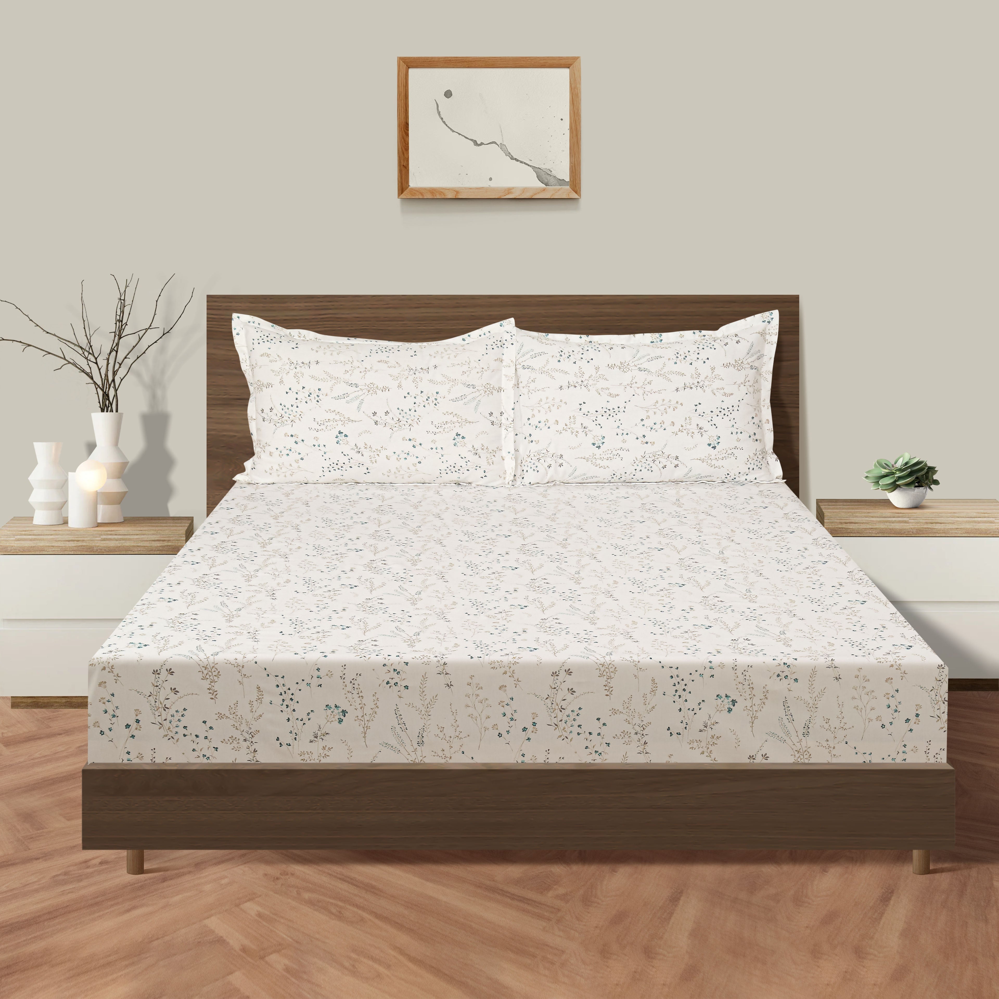 Minimal Botanical Off White 210 TC Pure Cotton Double Bedsheet with 2 Pillow Covers (90 x 108 Inches)