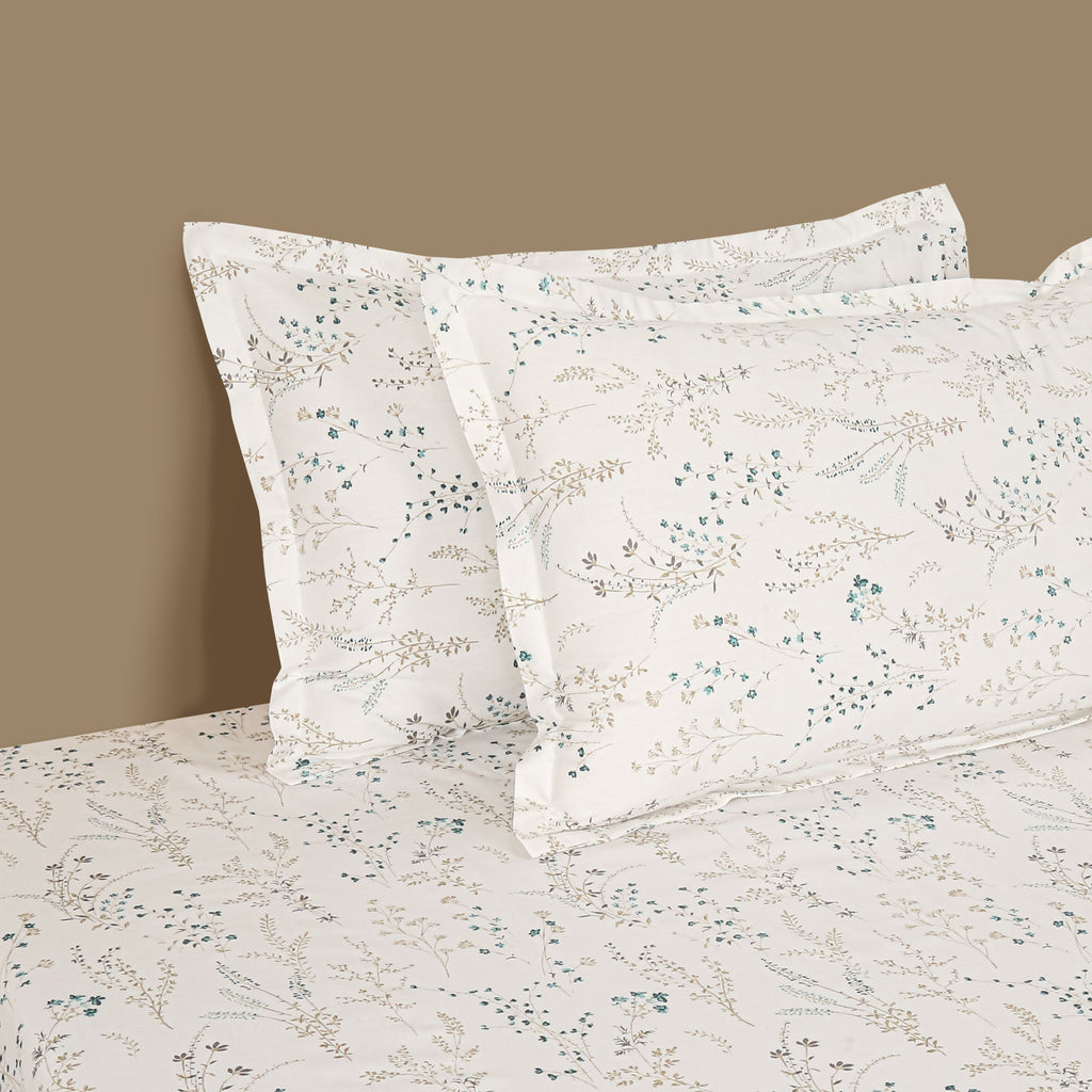 Minimal Botanical Off White 210 TC Pure Cotton Double Bedsheet with 2 Pillow Covers (90 x 108 Inches)