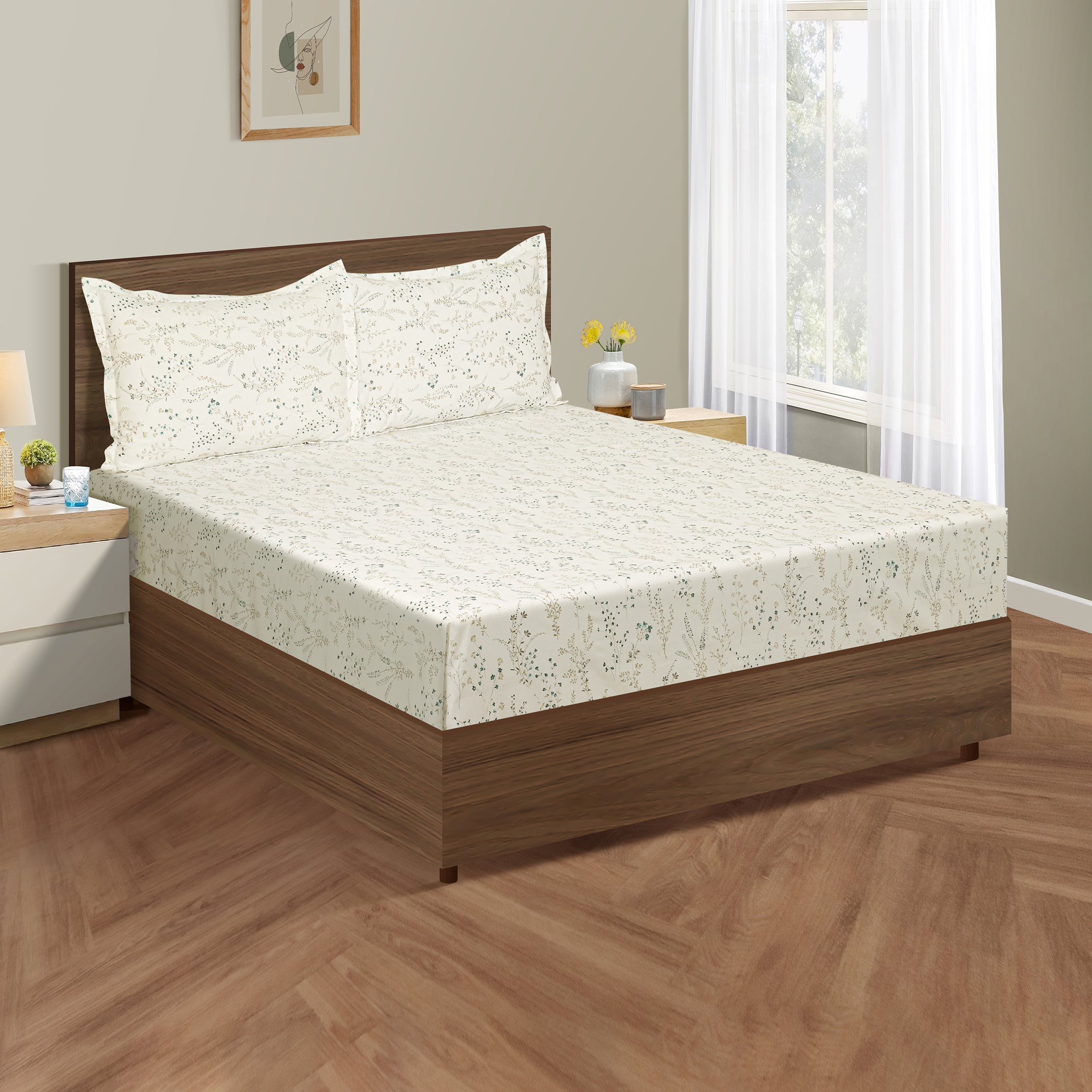 Elegant Ivory Botanical Pure Cotton 210 TC Double King Bedsheet with 2 Pillow Covers (90x108 Inches)