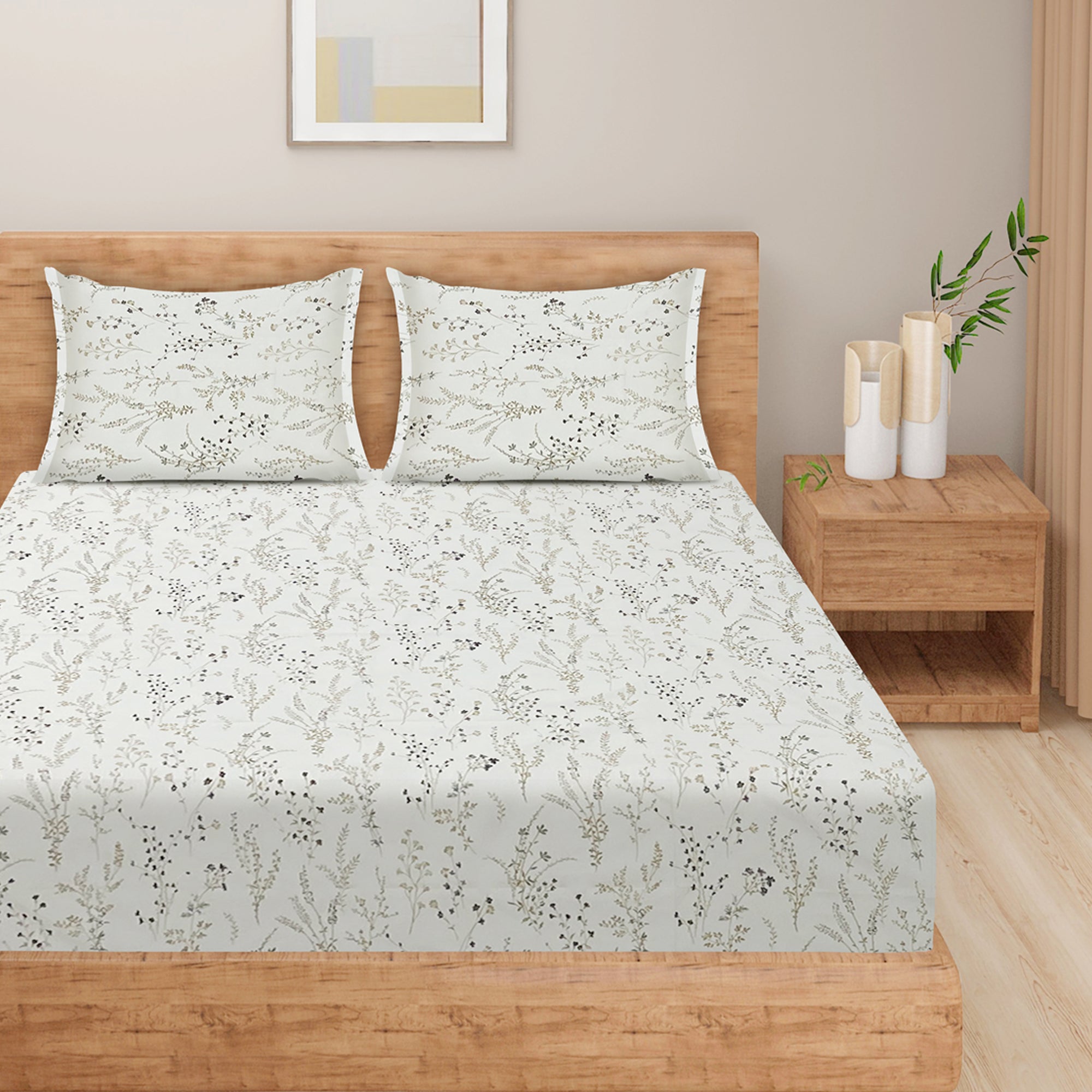 Elegant Ivory Botanical Pure Cotton 210 TC Double King Bedsheet with 2 Pillow Covers (90x100 Inches)