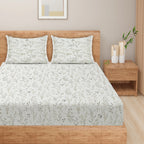 Elegant Ivory Botanical Pure Cotton 210 TC Double King Bedsheet with 2 Pillow Covers (90x108 Inches)