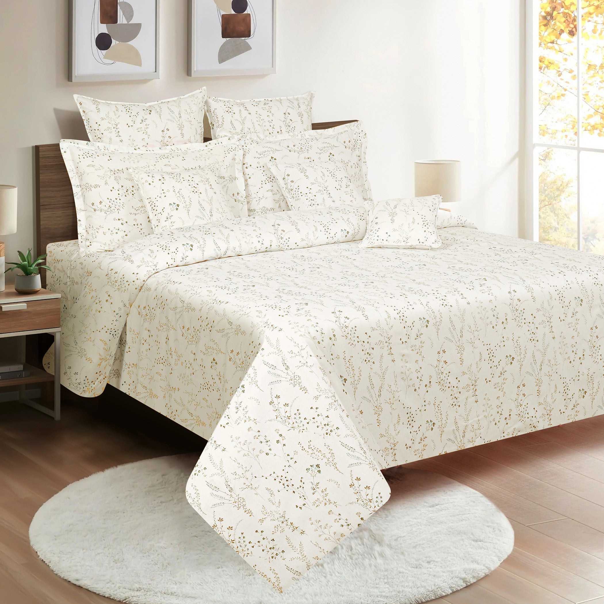 Elegant Ivory Botanical Pure Cotton 210 TC Double King Bedsheet with 2 Pillow Covers (90x100 Inches)