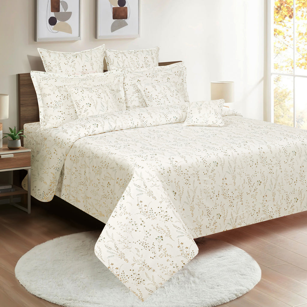 Elegant Ivory Botanical Pure Cotton 210 TC Double King Bedsheet with 2 Pillow Covers (90x108 Inches)