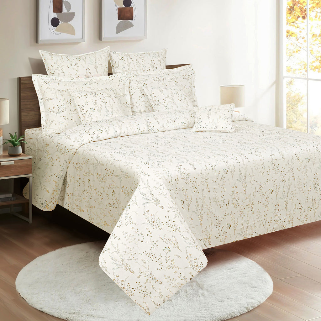 Elegant Ivory Botanical Pure Cotton 210 TC Super King Bedsheet with 2 Pillow Covers (108x108 Inches)