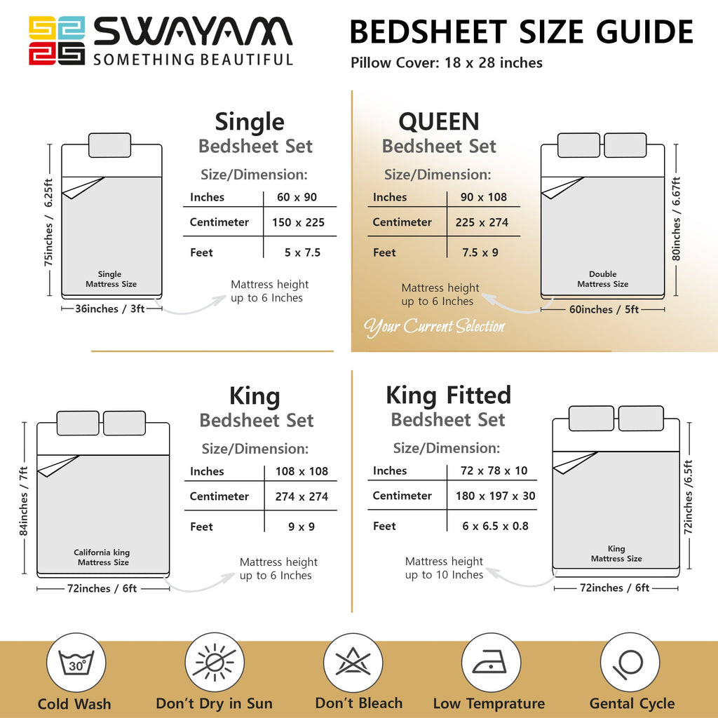 Elegant Ivory Botanical Pure Cotton 210 TC Double King Bedsheet with 2 Pillow Covers (90x100 Inches)