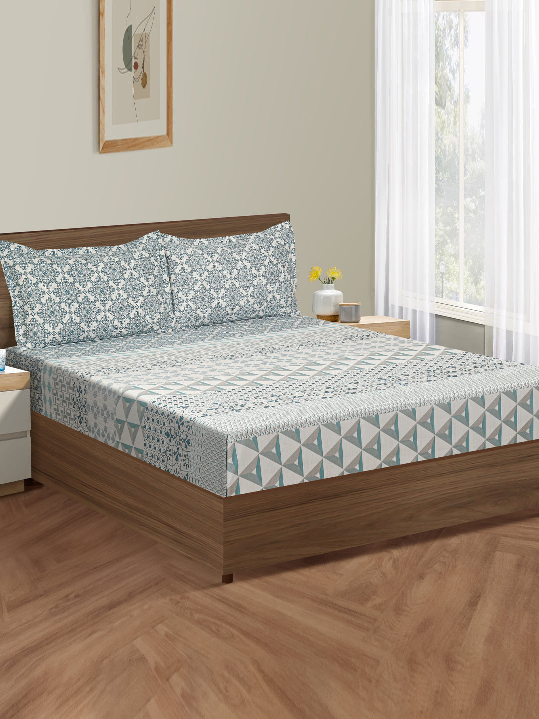 Ornamental Damask Off White 210 TC Pure Cotton Double Bedsheet with 2 Pillow Covers (90 x 108 Inches)