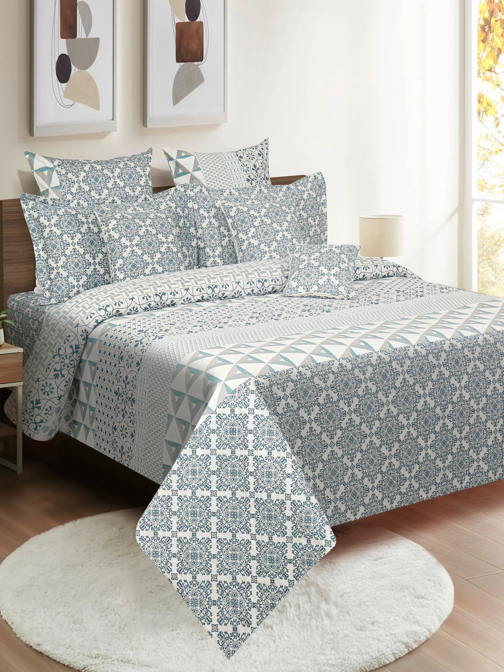 Ornamental Damask Off White 210 TC Pure Cotton Double Bedsheet with 2 Pillow Covers (90 x 108 Inches)