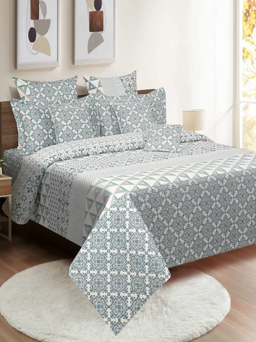 Ornamental Damask Off White 210 TC Pure Cotton Double Bedsheet with 2 Pillow Covers (90 x 108 Inches)