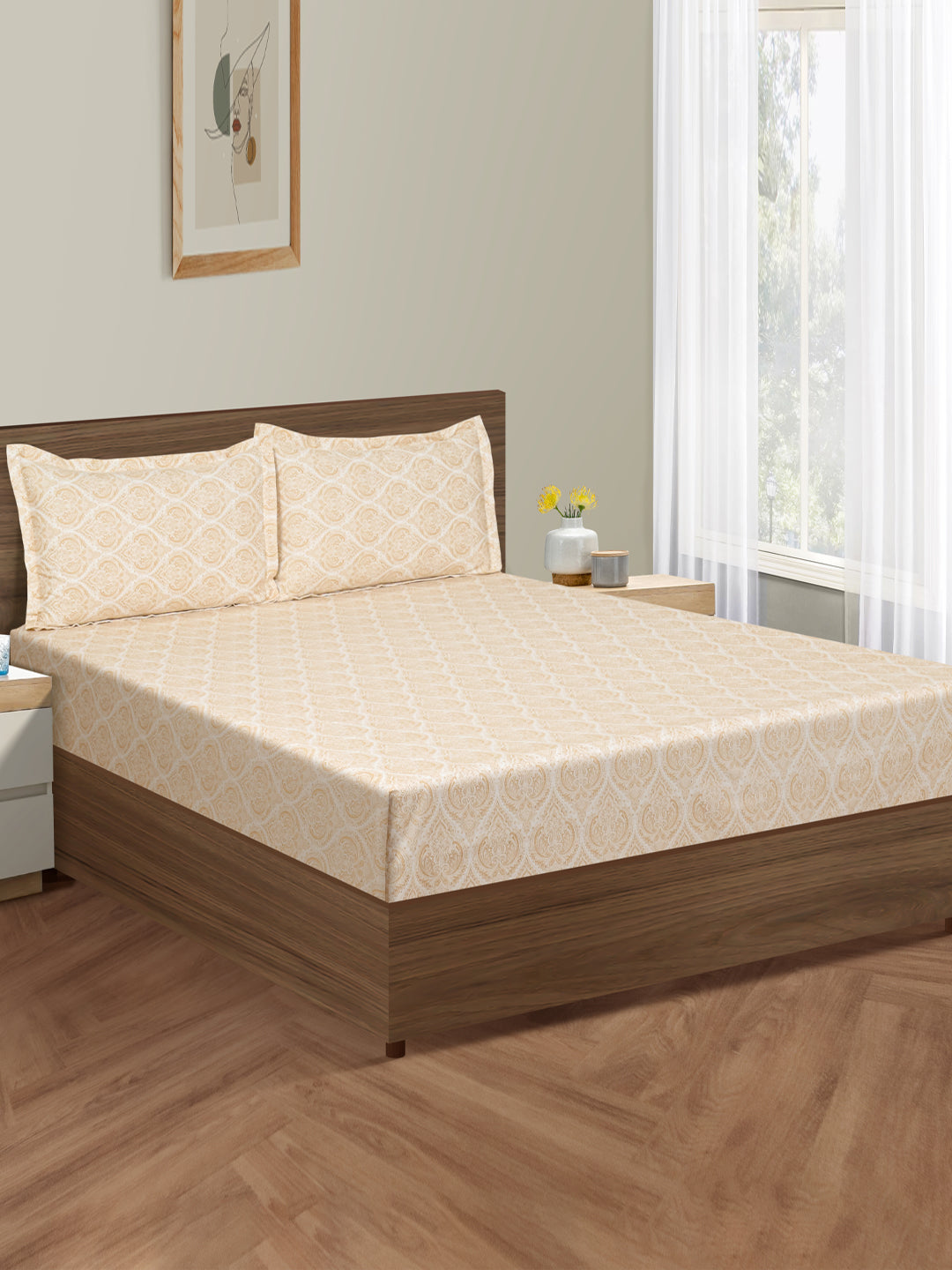 Elegant Beige Damask Pure Cotton 210 TC Double King Bedsheet with 2 Pillow Covers (90x108 Inches)