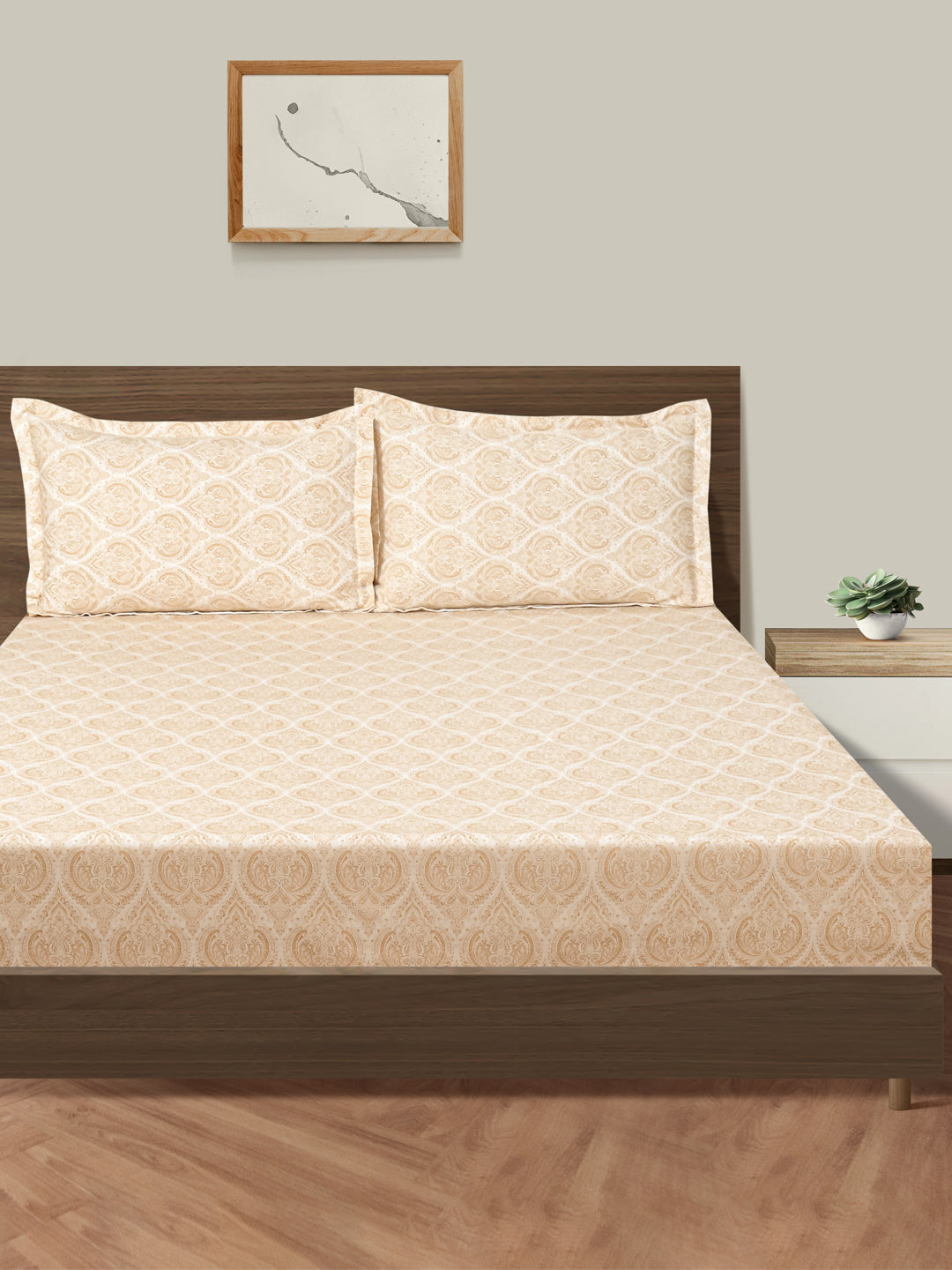 Elegant Beige Damask Pure Cotton 210 TC Super King Bedsheet with 2 Pillow Covers (108x108 Inches)