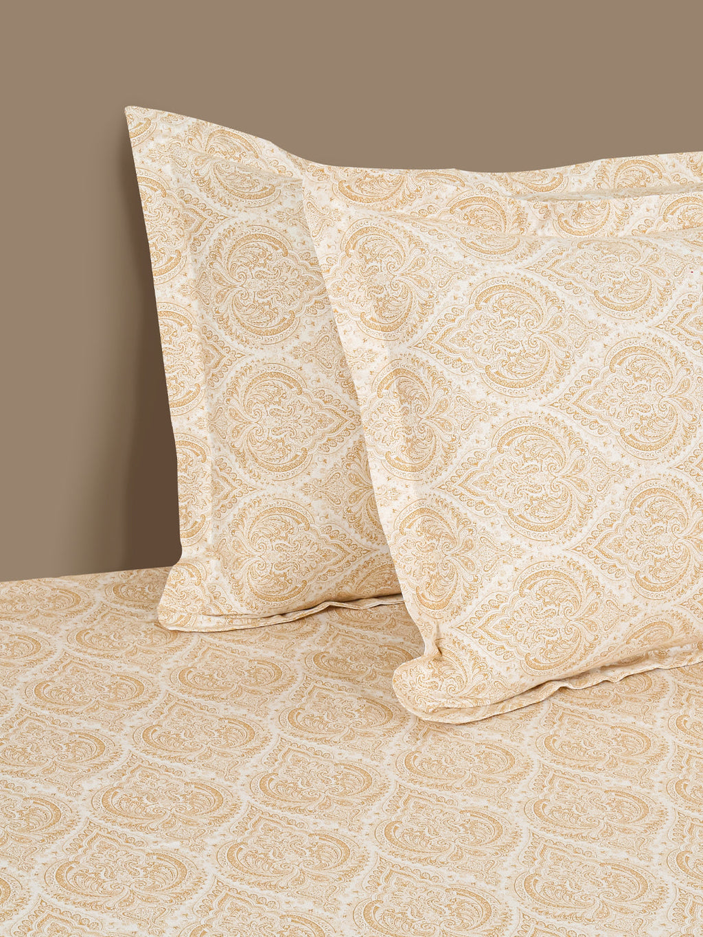 Elegant Beige Damask Pure Cotton 210 TC Double King Bedsheet with 2 Pillow Covers (90x108 Inches)